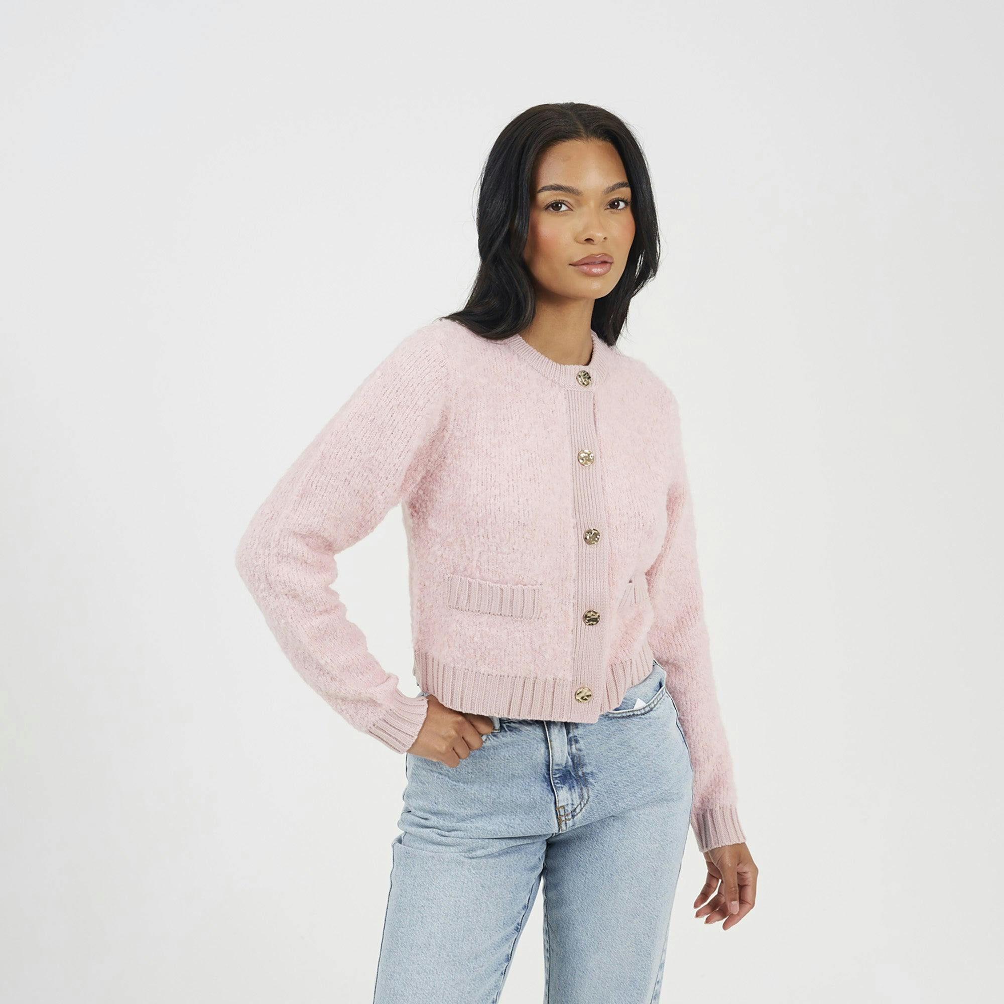 Brave Soul Pink Button Through Boucle Cardigan - L