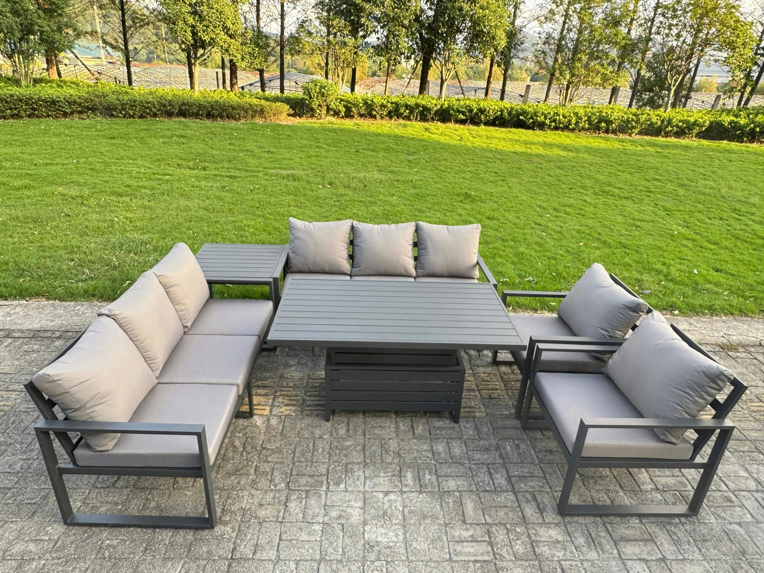 Fimous Dark/Grey 8 Seater Aluminium Furniture Set With Adjustable Rising Dining Table, 2 Chairs, Side Table