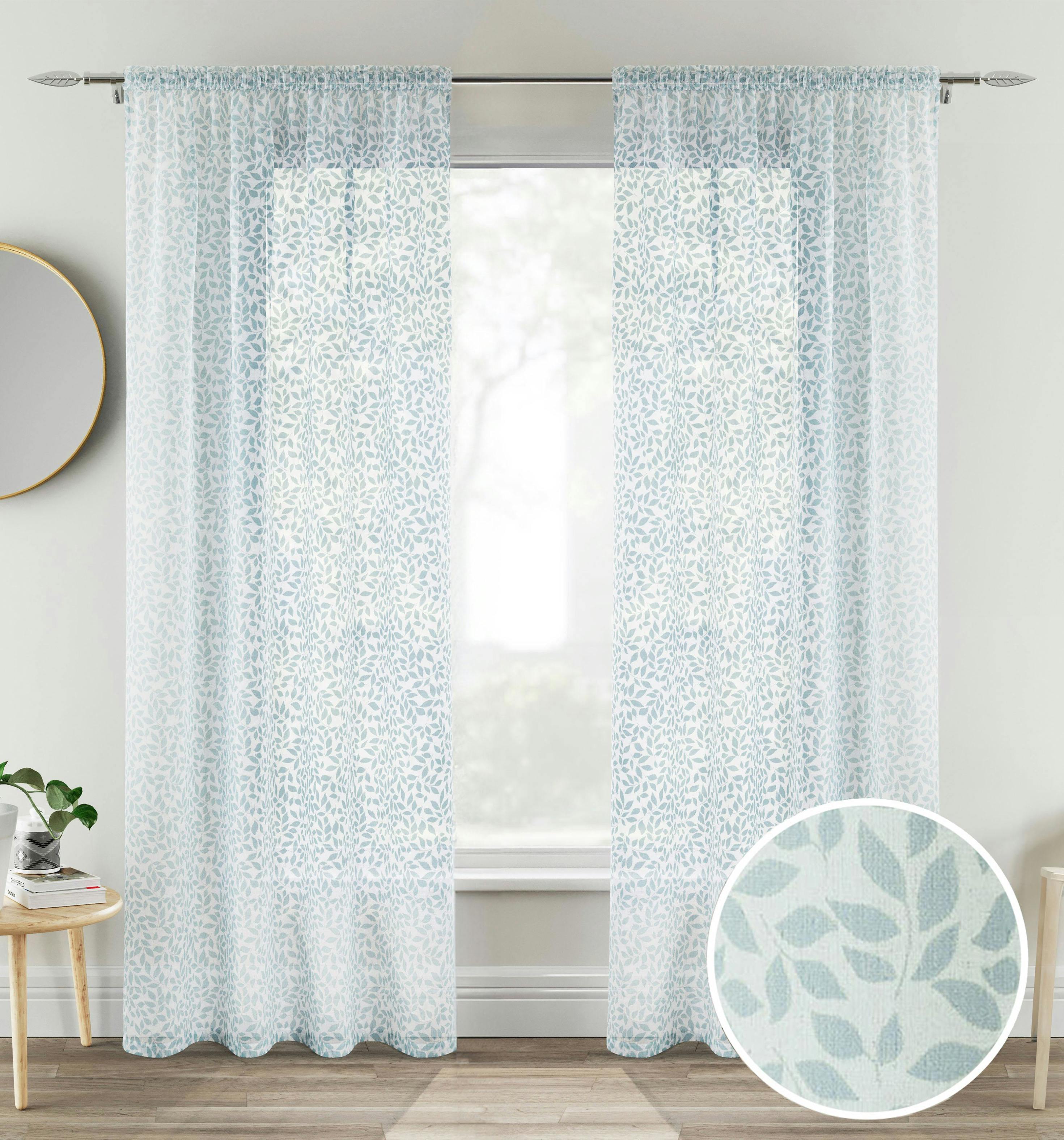 Rackhams Blue Leaf Print Linen-Look Voile Panel - Pair - Duck Egg - 57" (145Cm) Width X 72" (183Cm) Drop