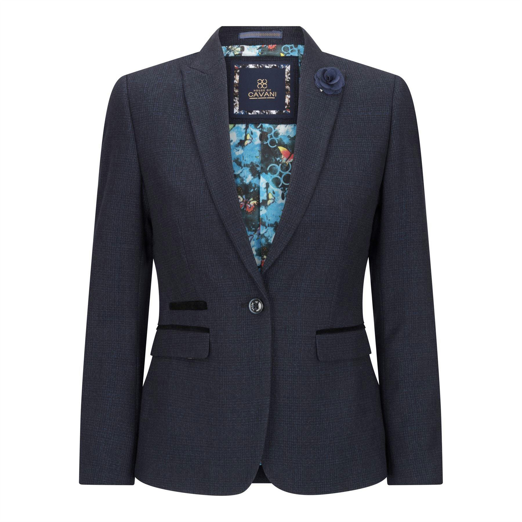 House Of Cavani Women's Blue Tailored Fit Tweed Navy Check Blazer Wool Jacket - Navy - Uk S/10 | Eu 36 | Us 6