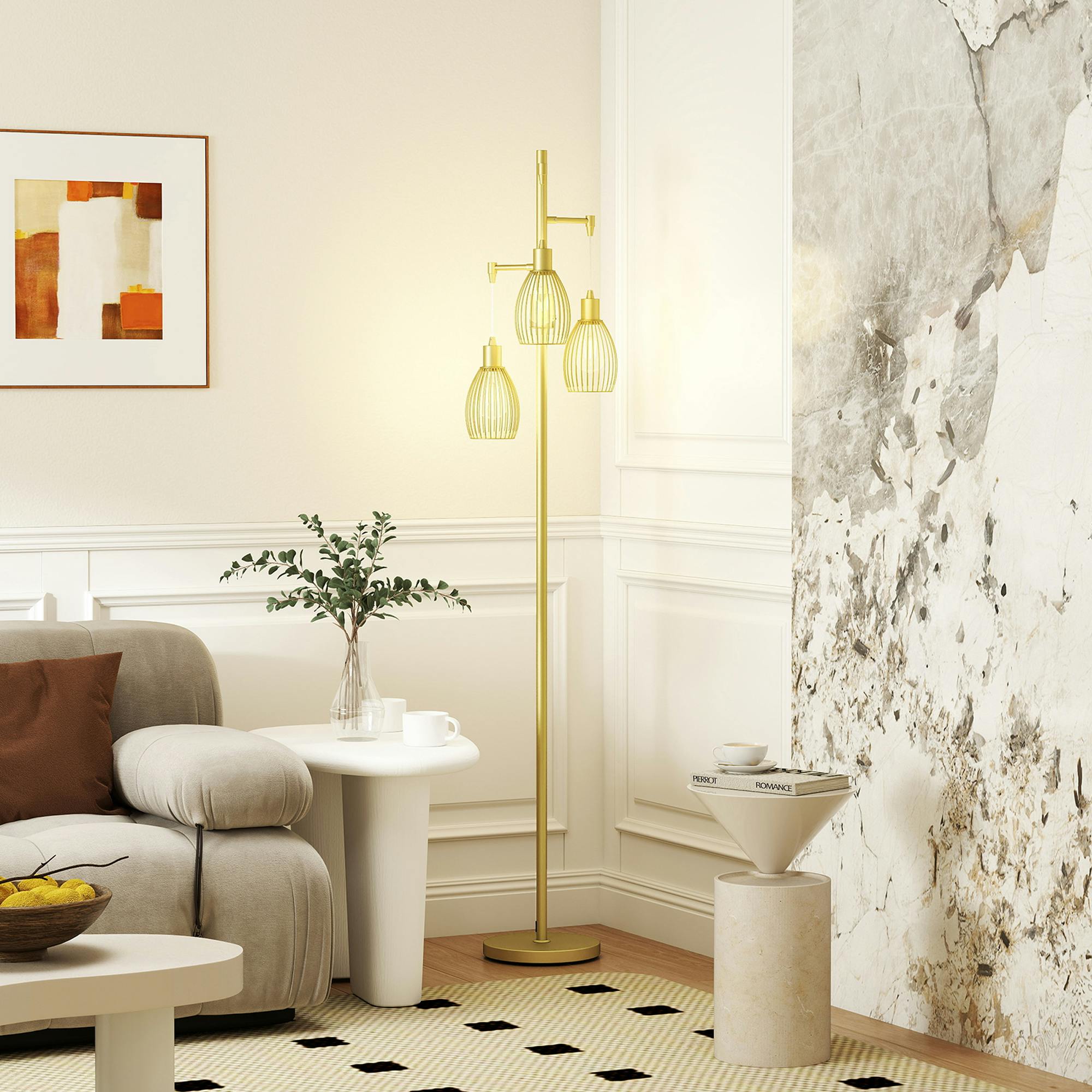 Rackhams Light/Gold Industrial 3- Floor Lamp Dimmable Standing Lamp, - Tone