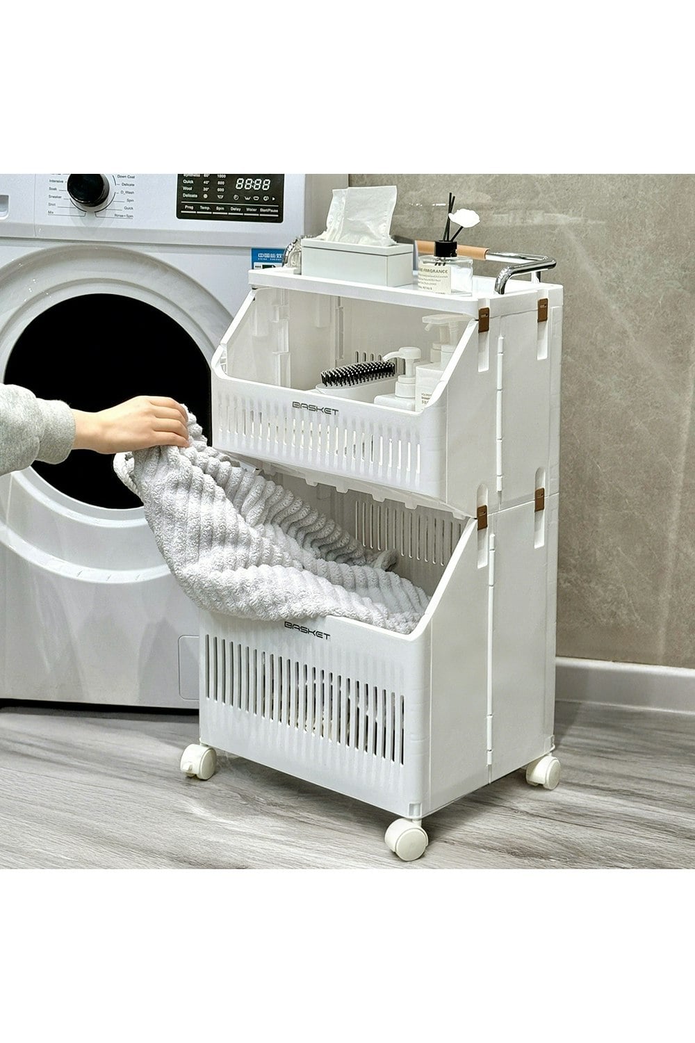 Rackhams White 3-Tier Rolling Laundry Basket Hamper Cart With Holder Shelf