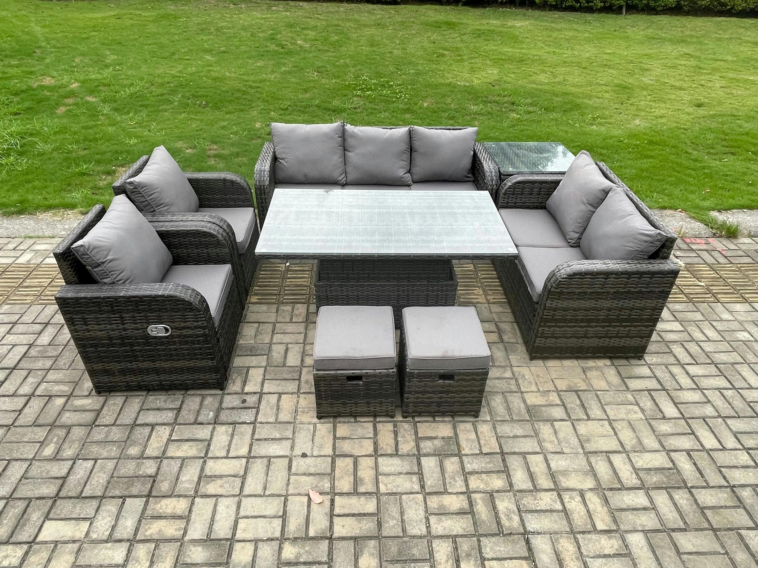 Fimous Dark/Grey 9 Seater Rattan Garden Furniture Set With Adjustable Dining Table, 2 Sofas, 2 Reclining Chairs, 2 Footstools & 1 Side Table