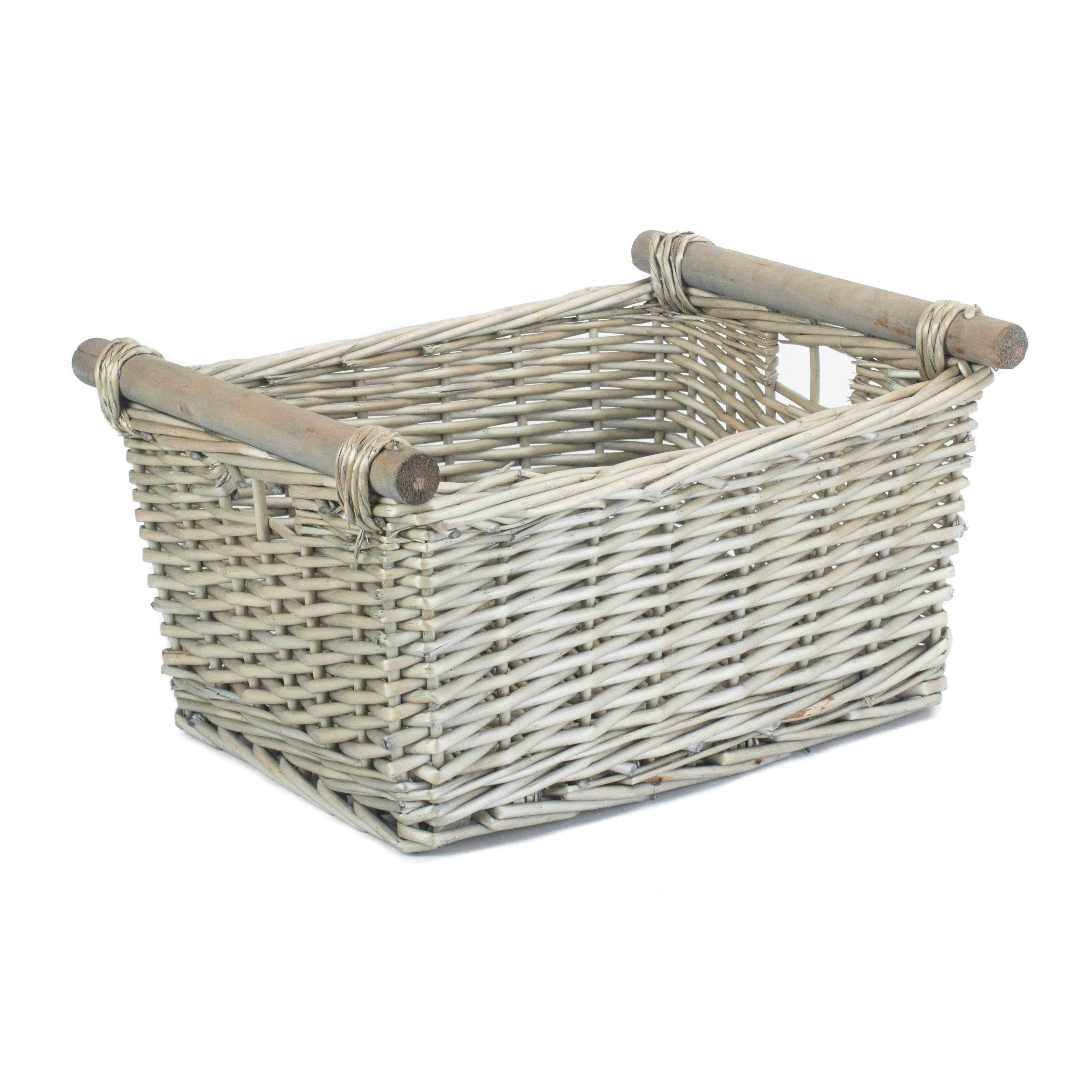 Rackhams Grey Wash Wooden Handled Wicker Storage Basket - Wicker - Medium