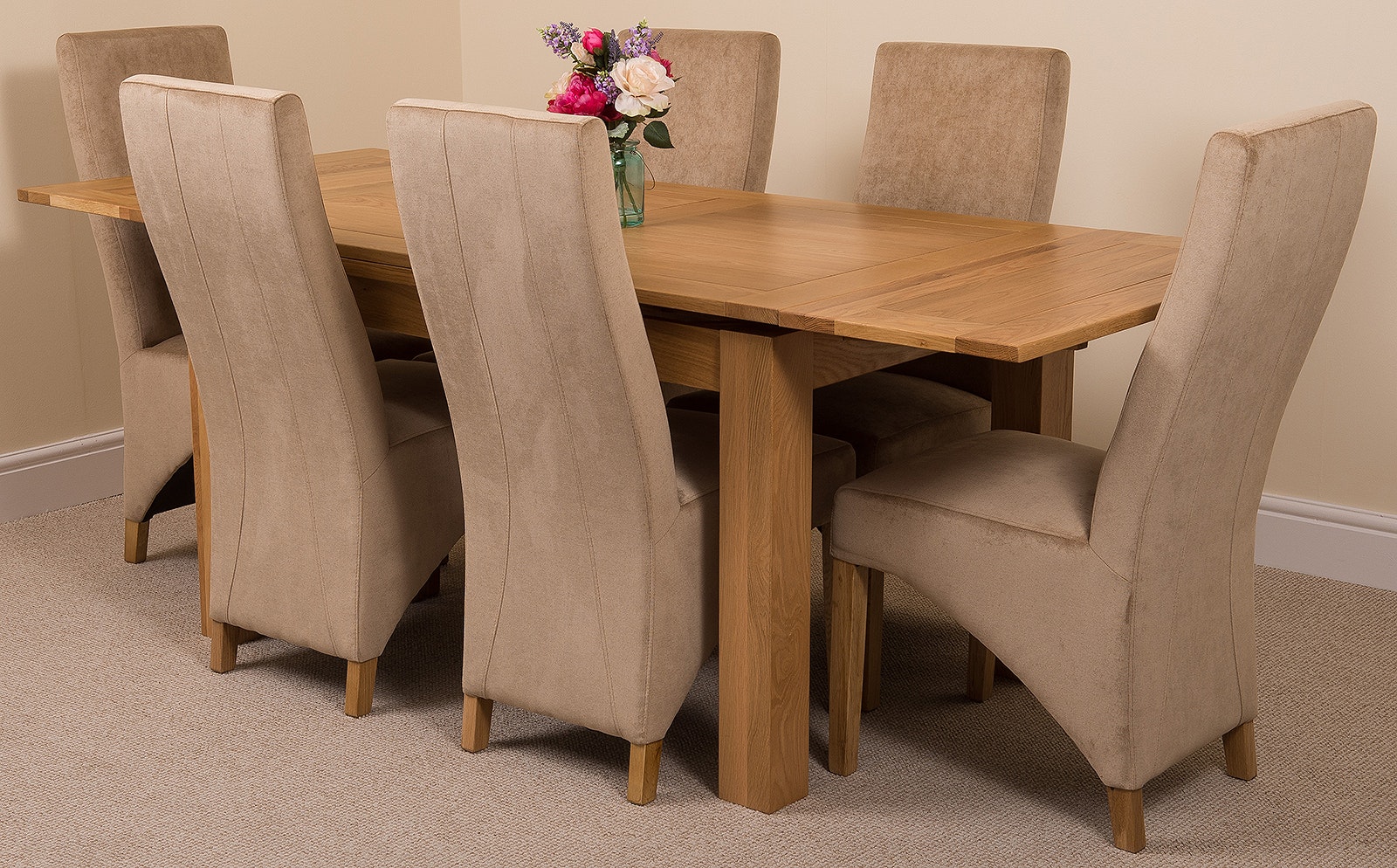 Rackhams Beige Richmond Medium Oak Extendable Dining Table With Lola Fabric Chairs - 6 Chairs
