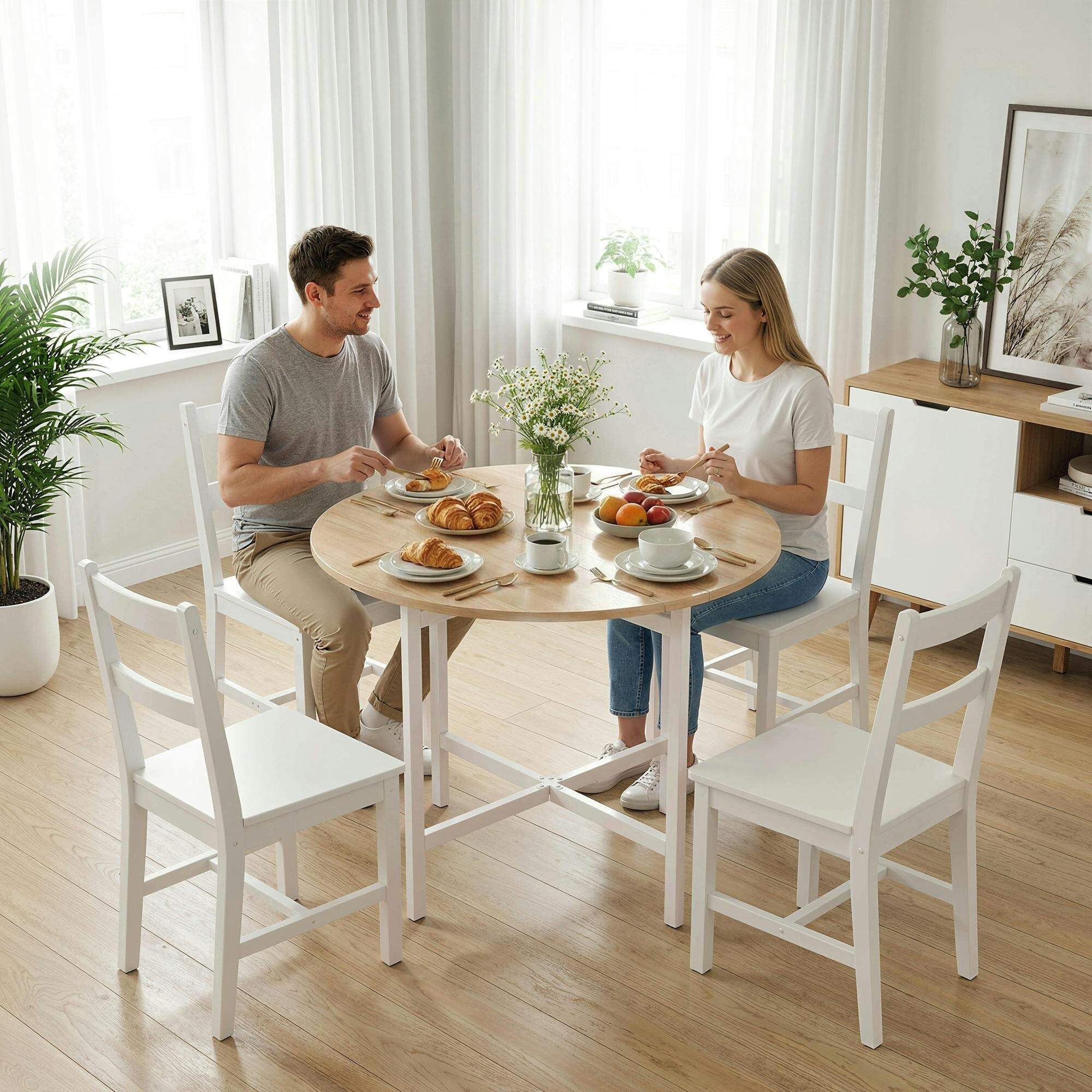 Homcom Folding Dining With Steel Frame For Small Spaces, Natural Wood Effect - Image 2