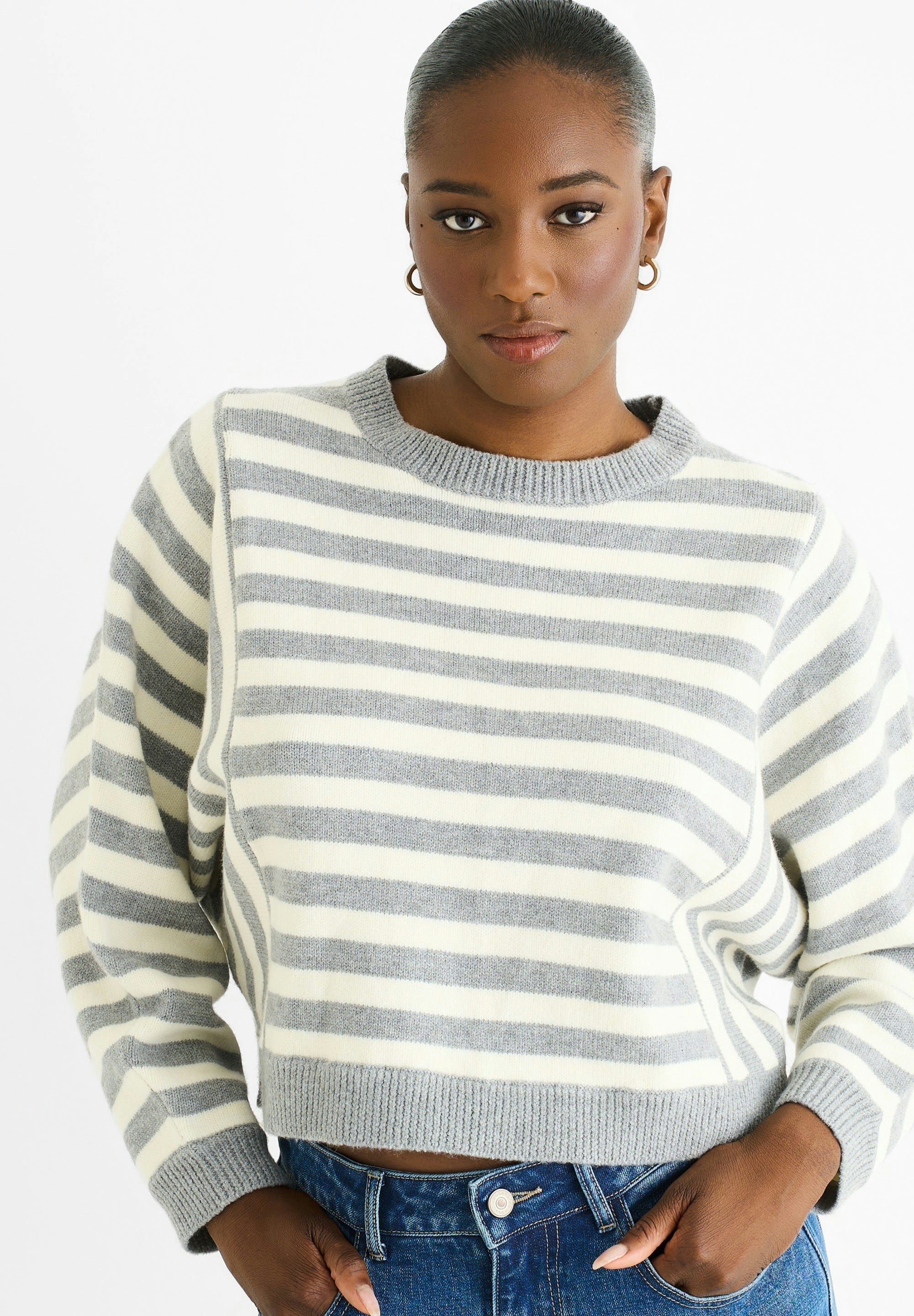 Gini London Grey Recycle Contrast Stripe Loose Fit Knit Jumper - S-M (Uk 8-10/Us 4-6/Eu 36-38)