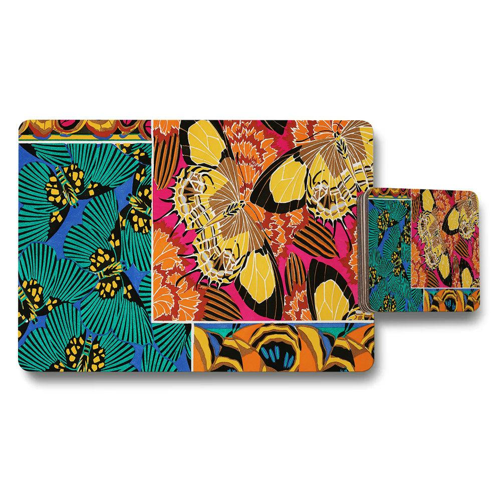 Rackhams Turquoise/Blue/Magenta Vibrant Butterfly Floral Placemat And Coaster Set For Dining Table