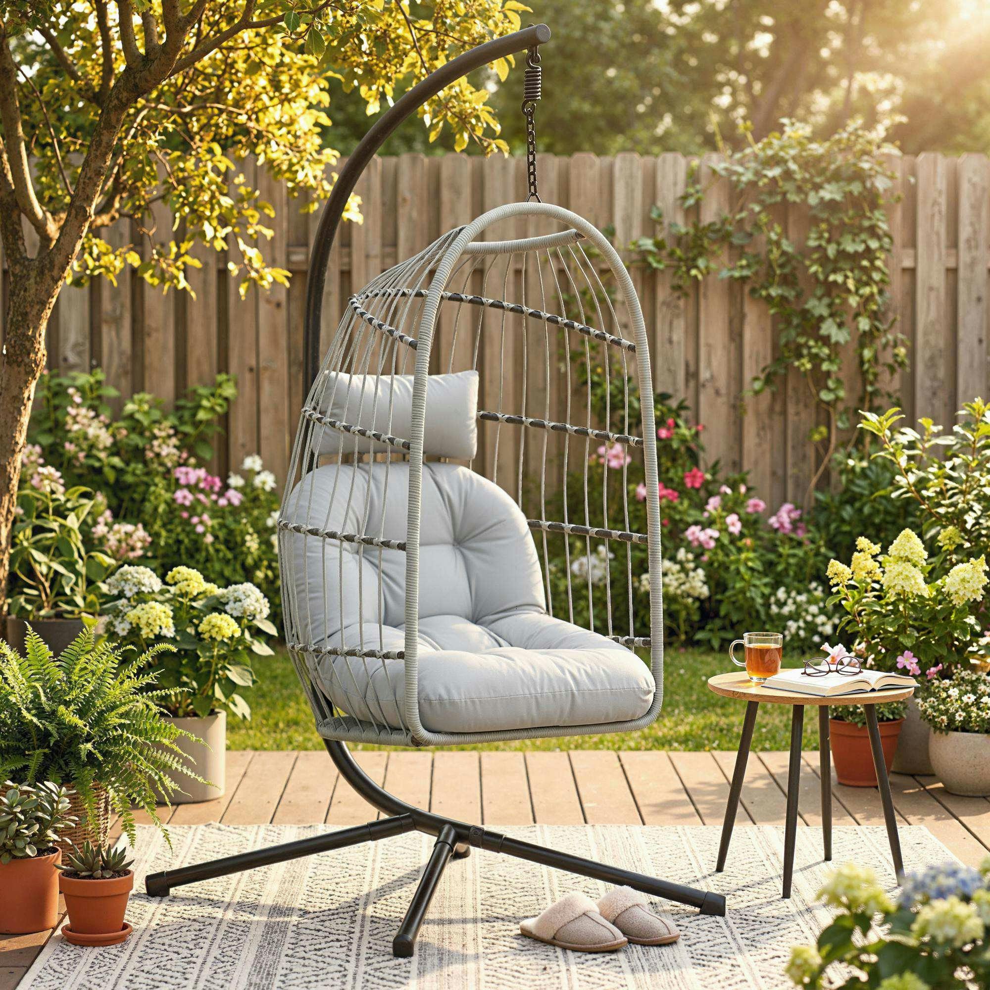 Outsunny Light/Grey Hanging Egg Chair, Outdoor Swing Chair With Stand