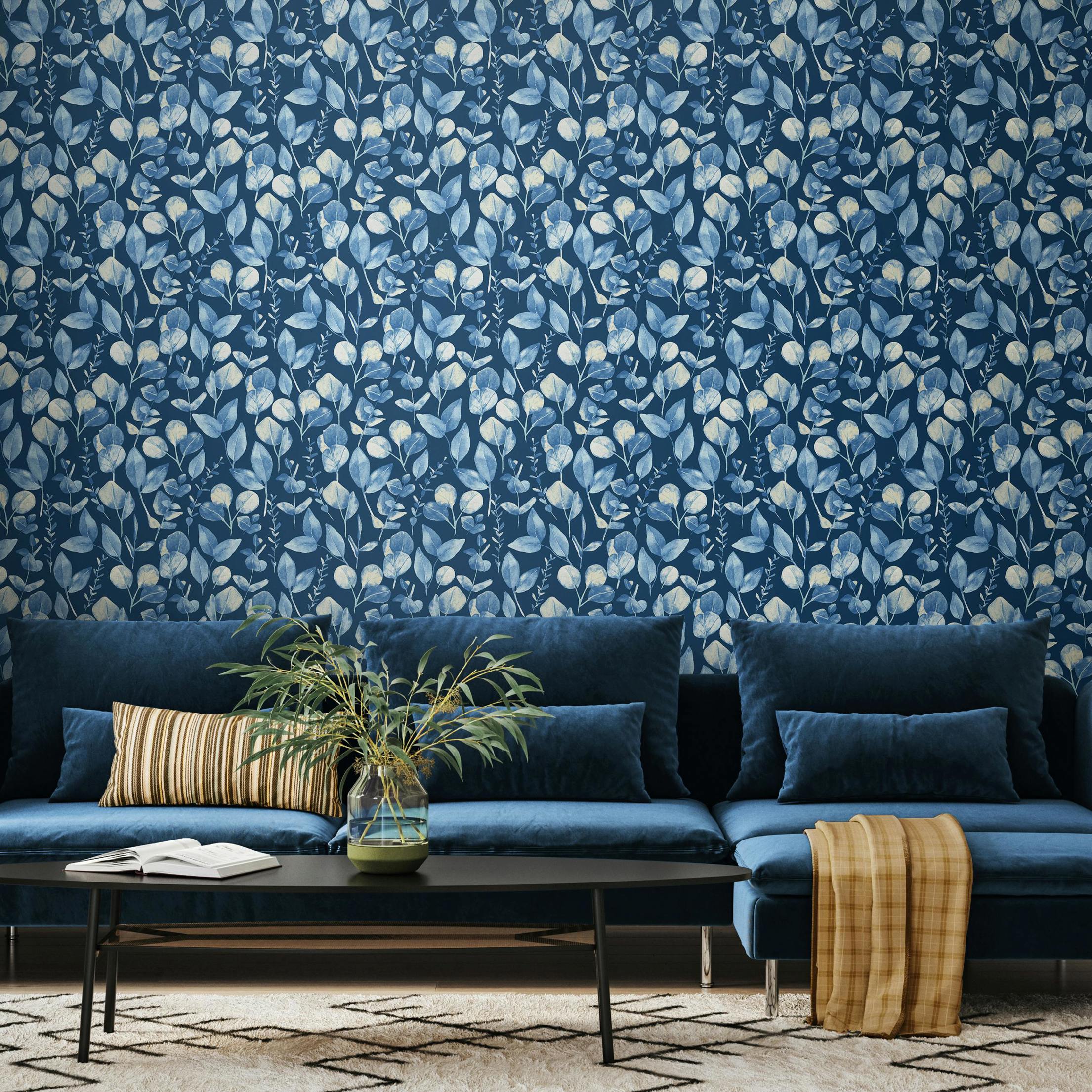Rackhams Blue Watercolour Leaves - Slate 10M Wallpaper