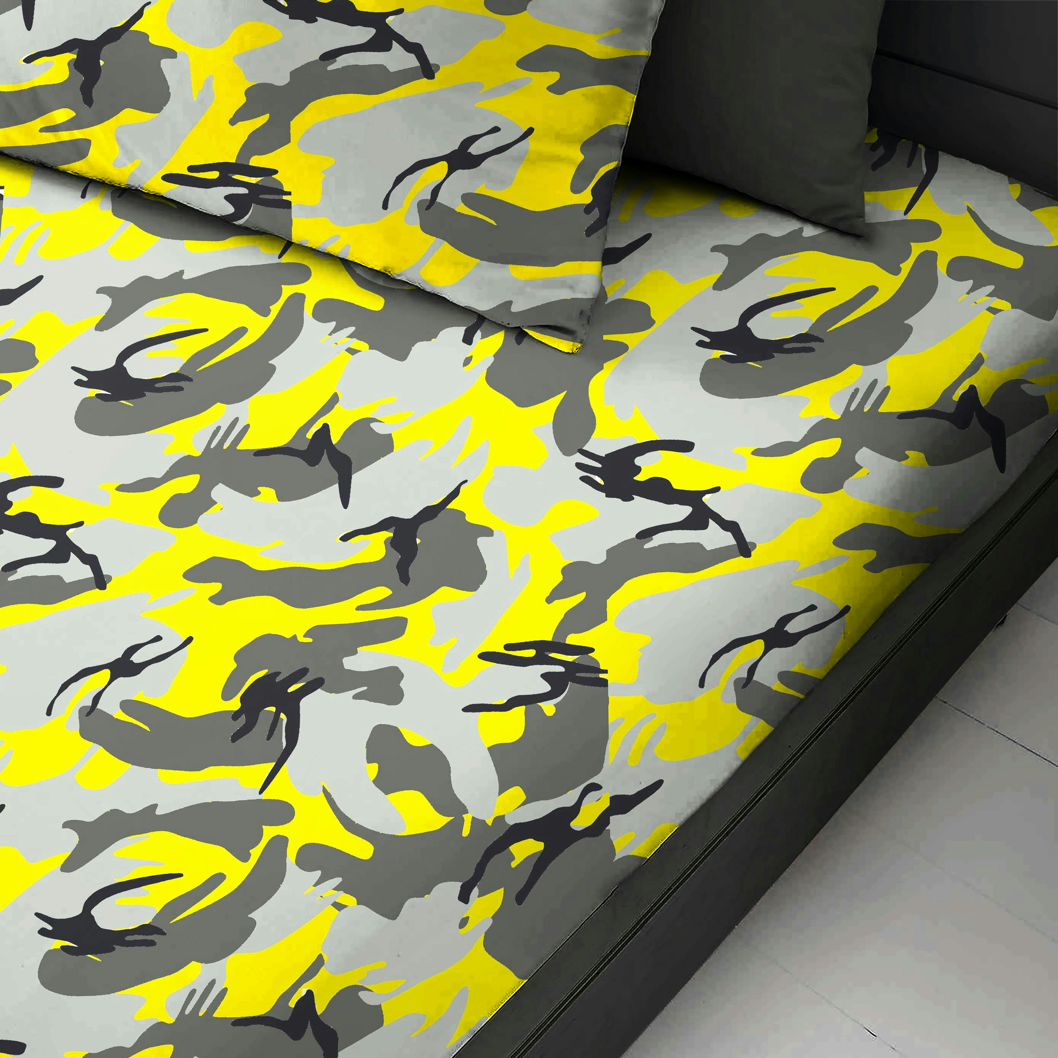 Velosso Yellow Camouflage Cotton Blend Fitted Sheet - Single