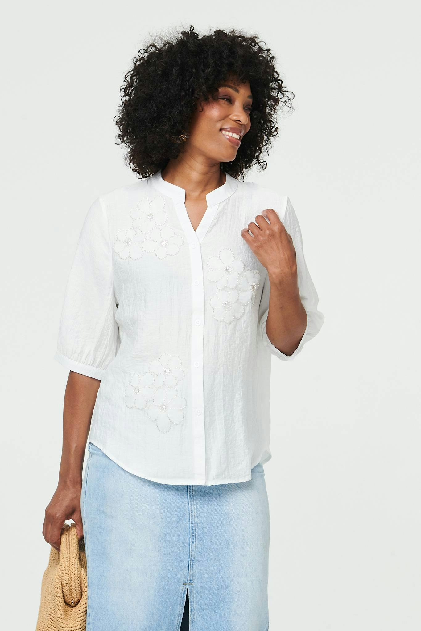 Izabel London White Embellished Floral 3/4 Sleeve Blouse - M/L