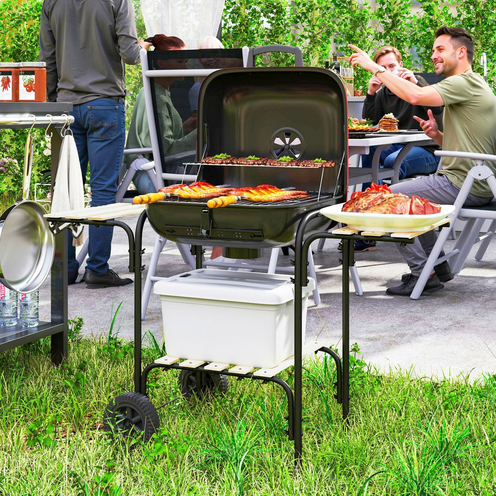 Outsunny Charcoal Barbecue Grill Portable BBQ Grill, 3 Shelves, Red | 1840 cm² Cooking Area, Adjustable Vent, Lockable Lid, Wheels, Outdoor Cooking, Garden Party - Image 7
