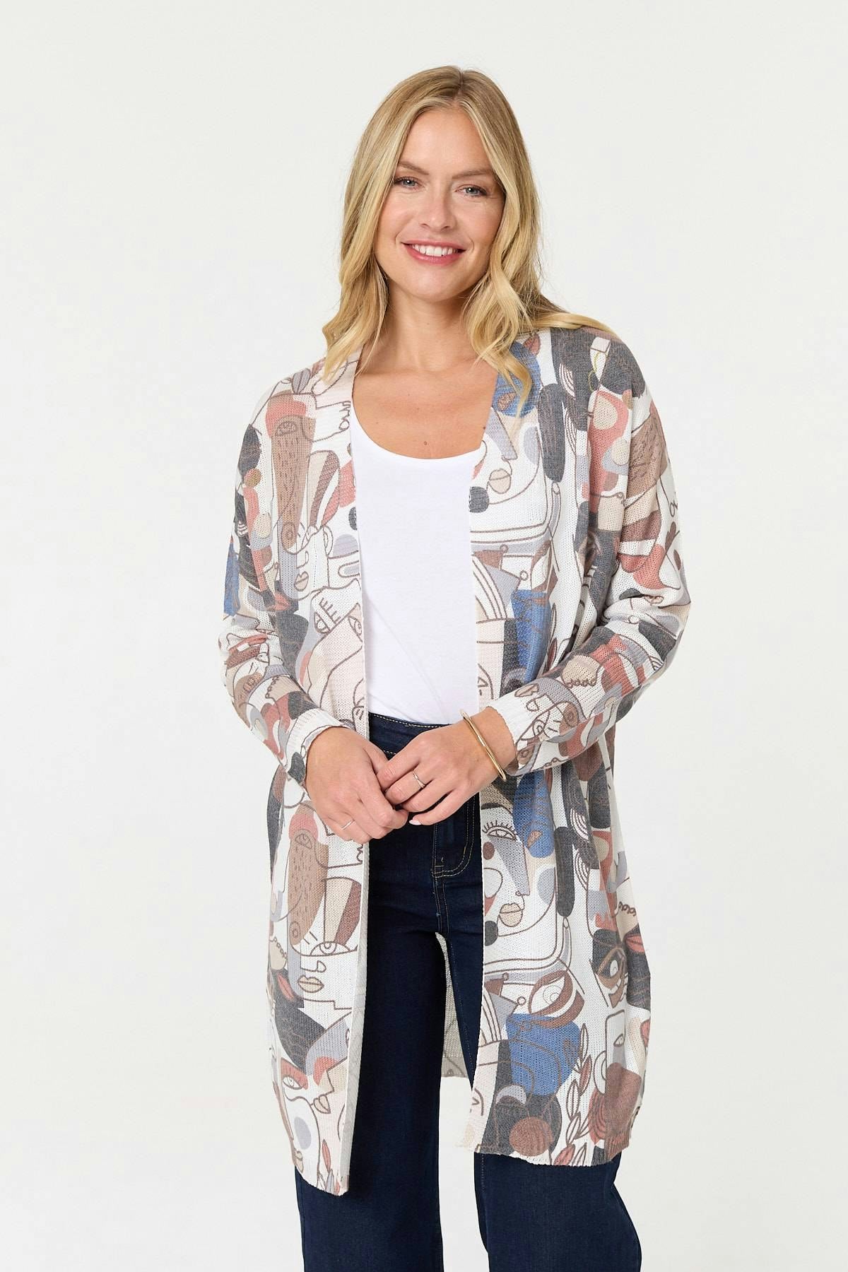 Izabel London White Abstract Open Front Longline Cardigan - 8