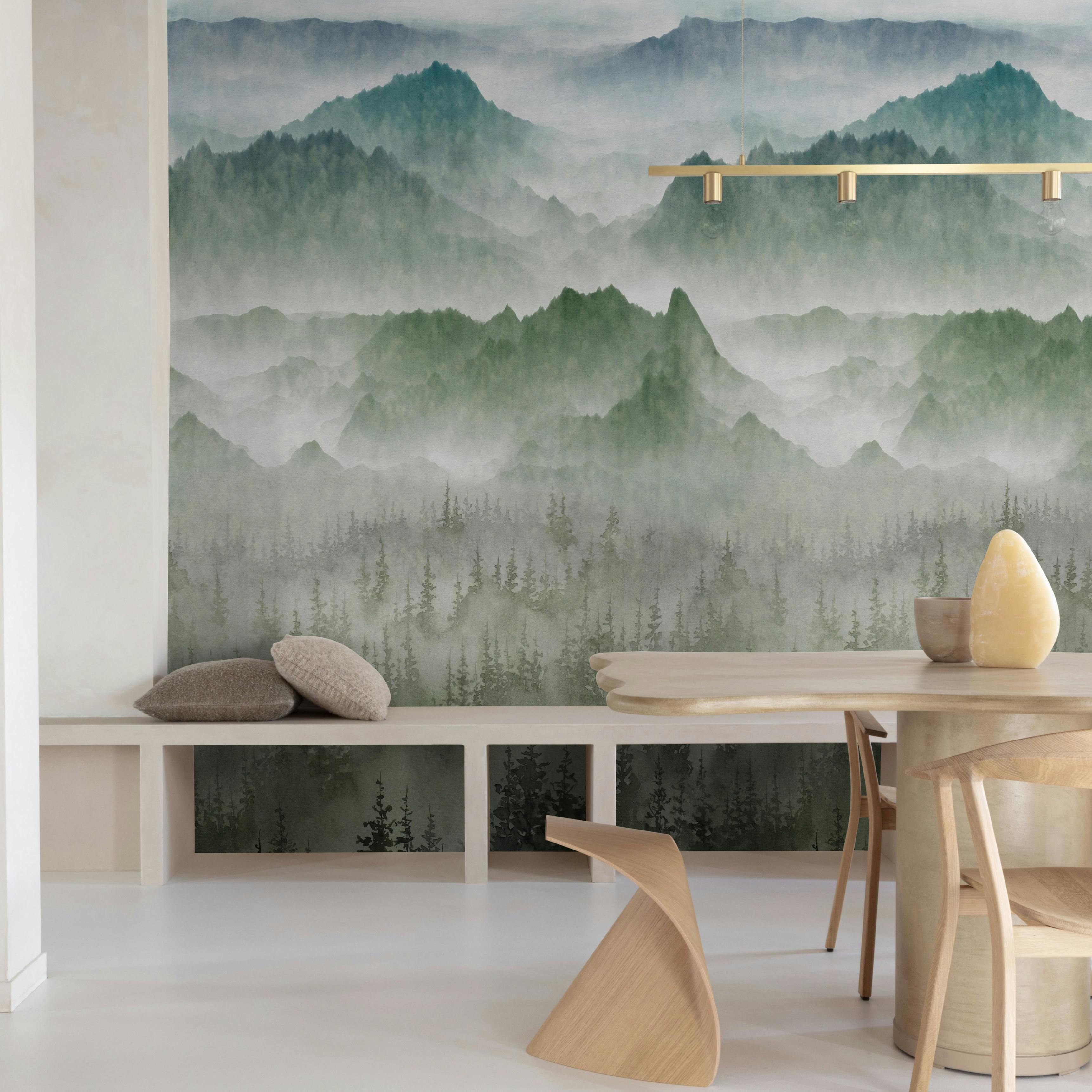 Grandeco Green Nendaz Misty Forest Mountains 3 Panel Repeatable Mural 1.59 X 2.8M, Teal