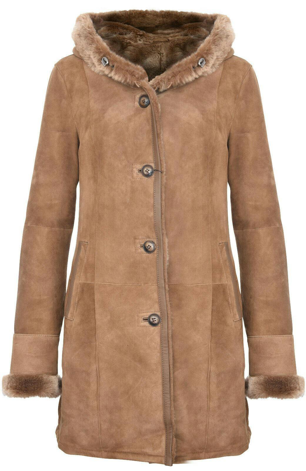 Infinity Leather Women's Beige Suede Merino Sheepskin Parka Coat-Richmond - Tan - Xs