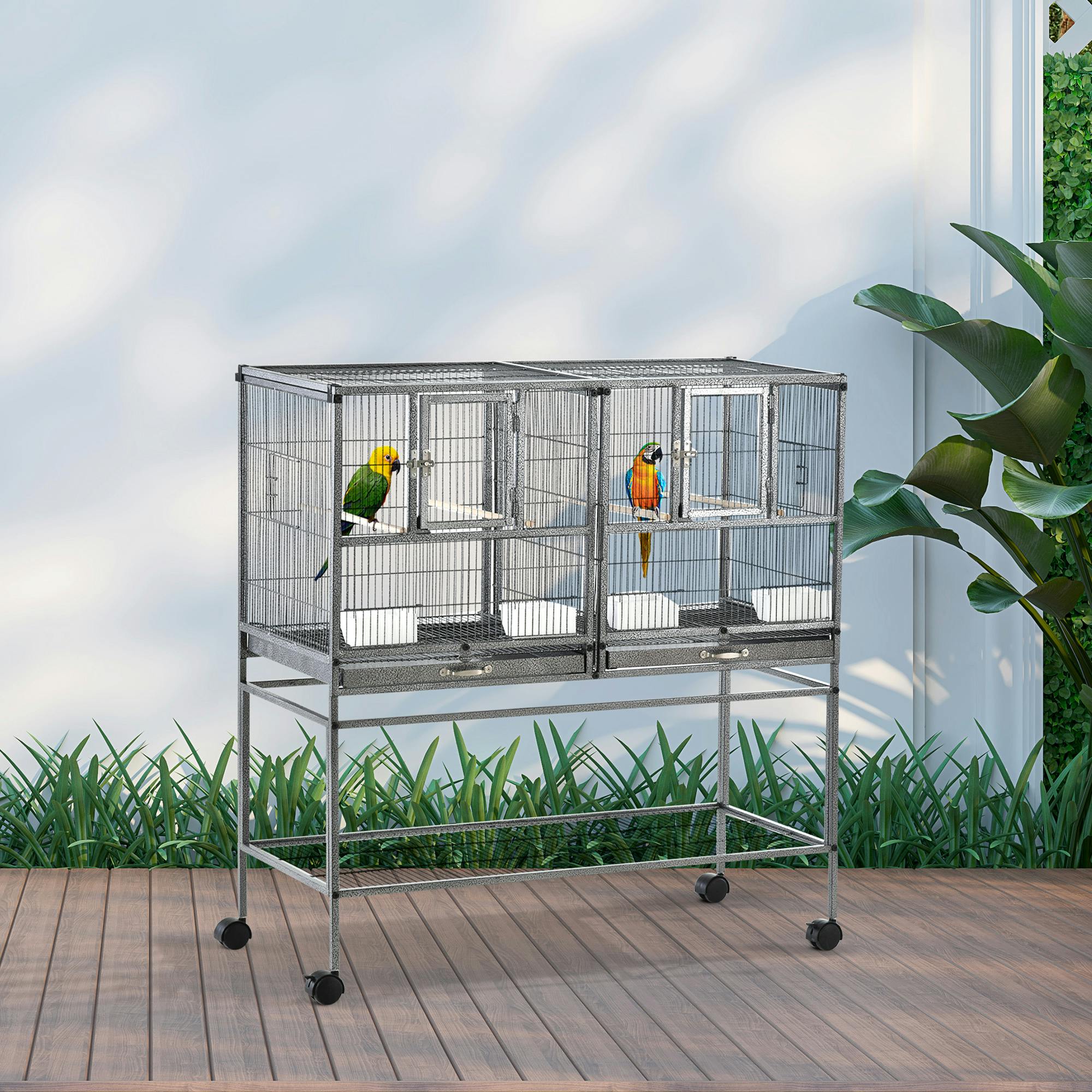 Pawhut Double Rolling Bird Cage With Removable Metal Tray And Storage Shelf