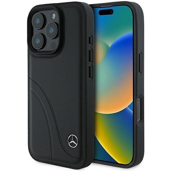 Mercedes Black Mb Curved Stitches Leather Case For Iphone 16 Pro 6.3" - Mehcp16l23rbcsk