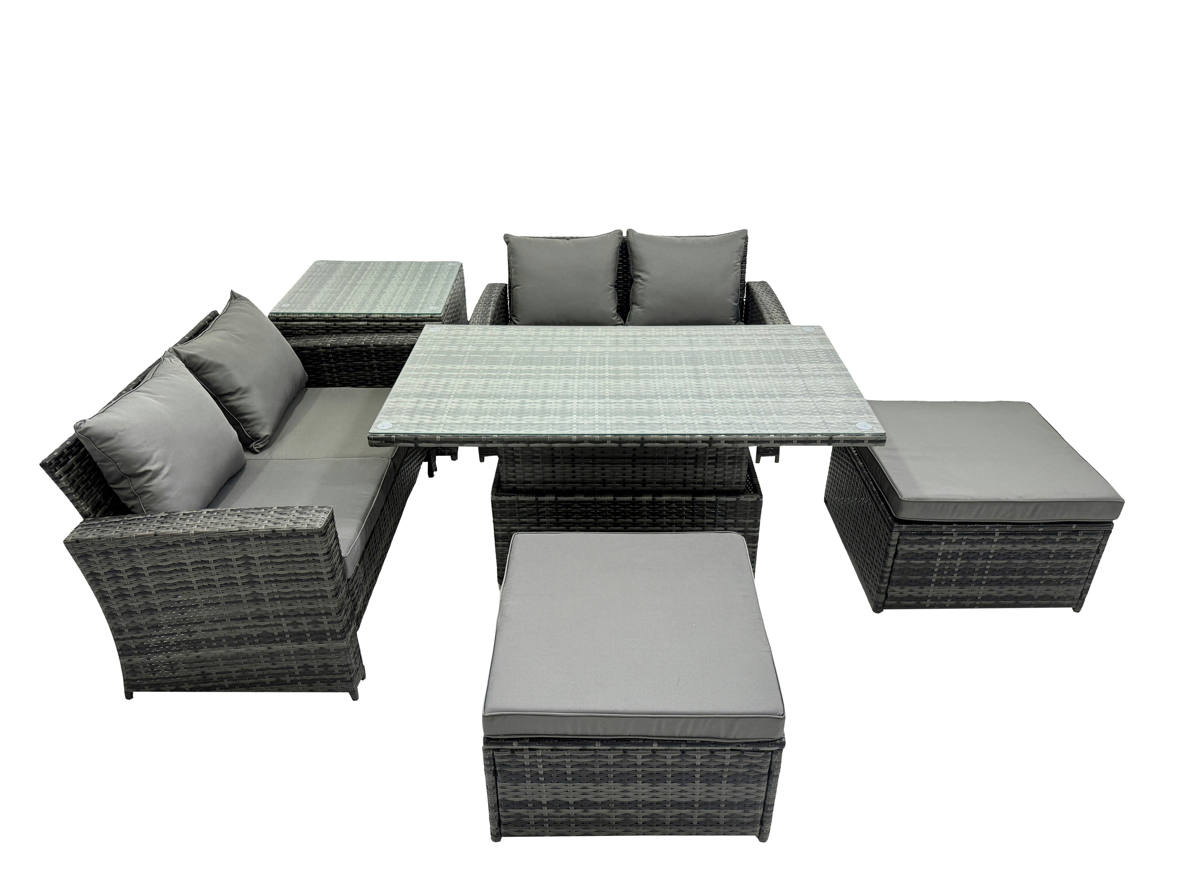 Fimous Dark/Grey Outdoor Love Sofa Set 6 Seat Rattan Garden Furniture Set With Adjustable Lifting Dining Or Coffee Table 2 Big Stools Mixed