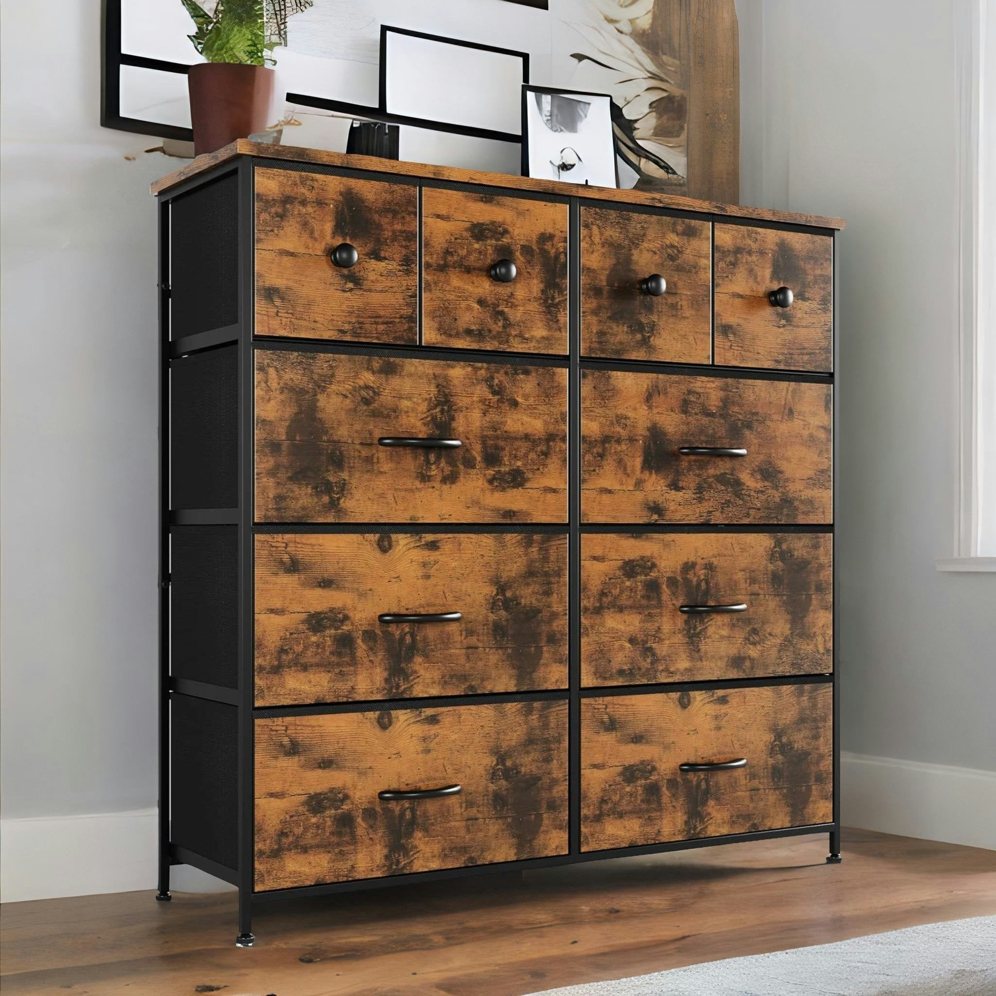 Rafaelo Mobilia Brown Industrial 10 Drawer Chest Rustic