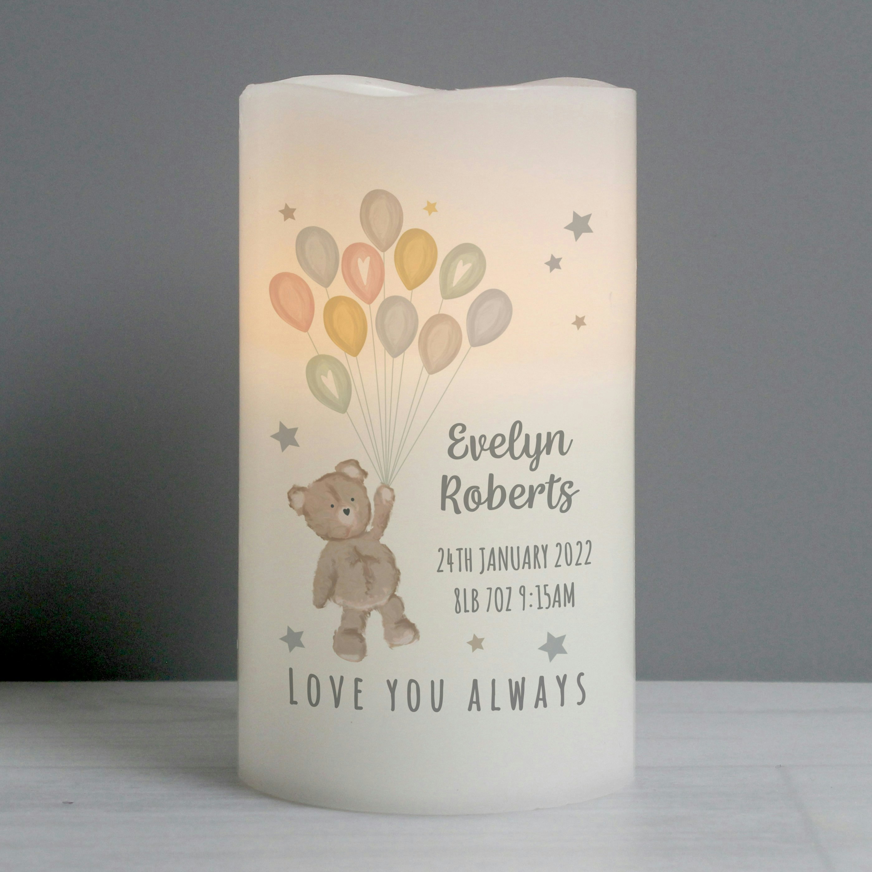 Personalised Memento Company Light Personalised Teddy & Balloons Night Led Candle