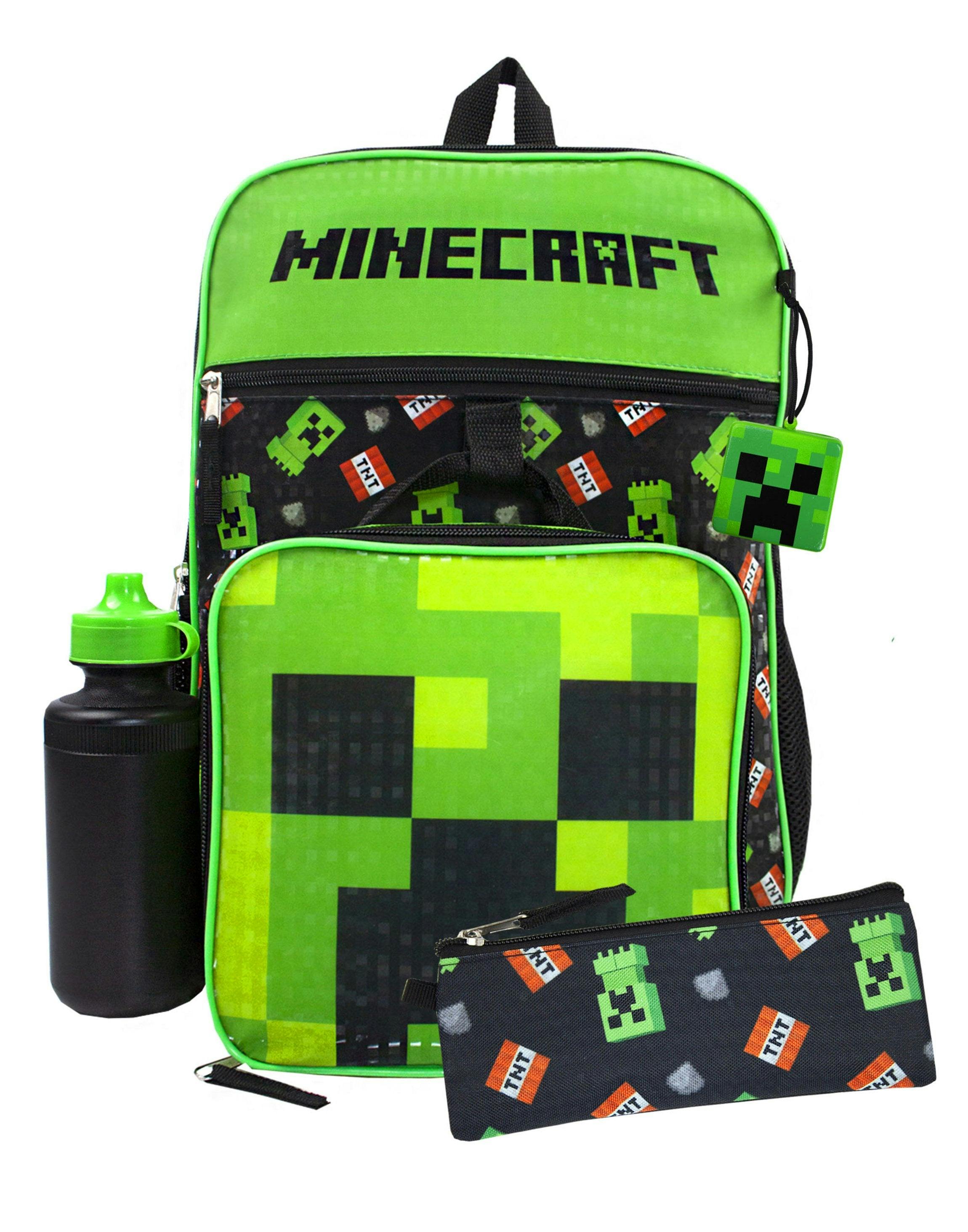 Vanilla Underground Boys Black Minecraft Back Pack Set 5 Piece Creeper & Tnt Graphics 5 Piece Backpack Set (One Size)