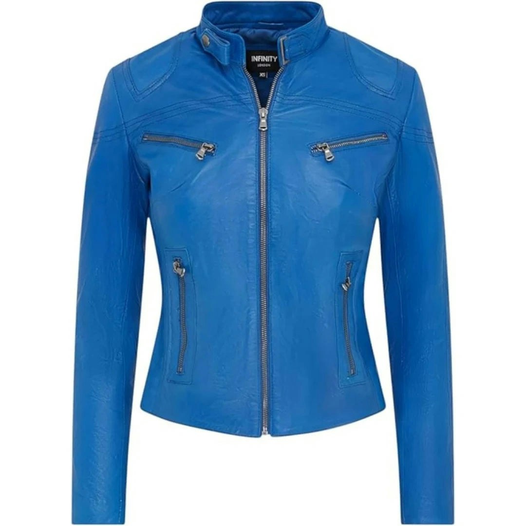 Infinity Leather Women's Blue Leather Company Real Leather Classic Racer Style Biker Jacket - Uk 24