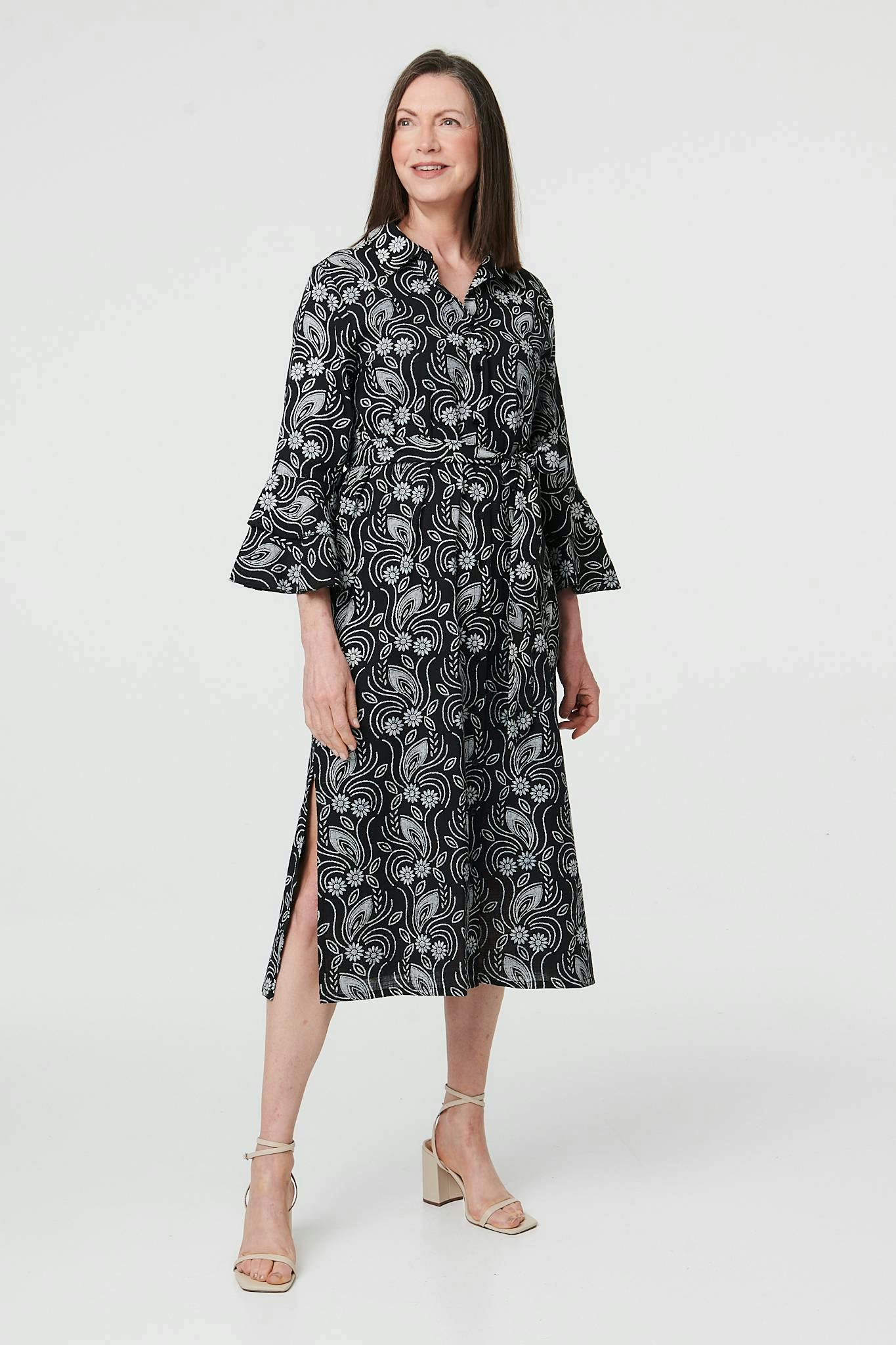 Izabel London Black Floral 3/4 Sleeve Tie Midi Shirt Dress - 8