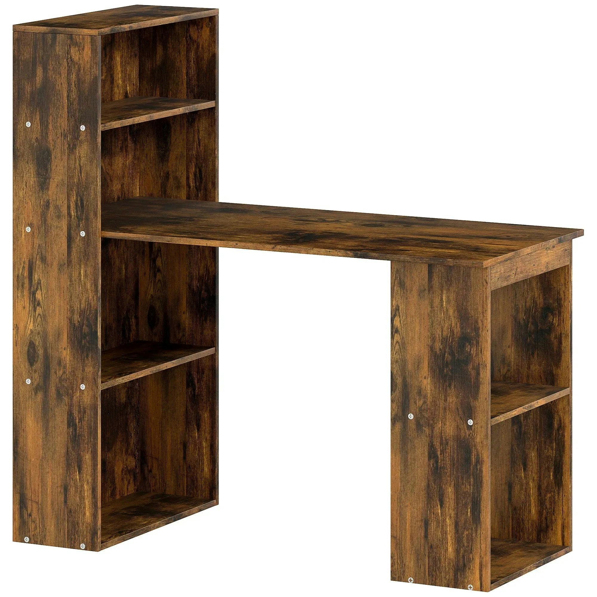 Homcom 120Cm Computer Desk Bookshelf Writing Table 6 Shelves Brown - Image 4