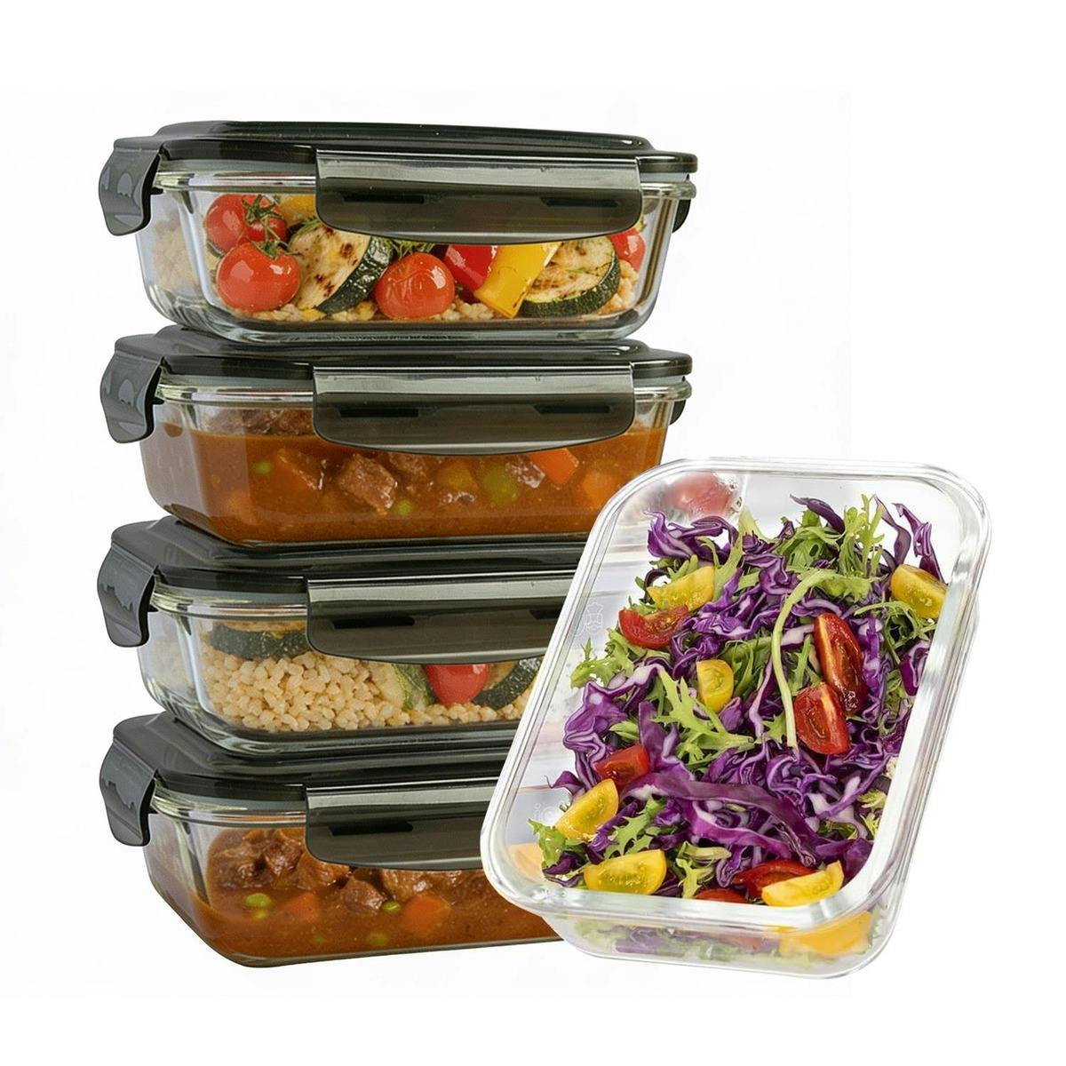 Mantraraj Black 380Ml Meal Prep Glass Containers With Lids Airtight Microwave & Dishwasher Safe Takeaway Containers - Glass, Plastic - Pack Of 5 - Clear