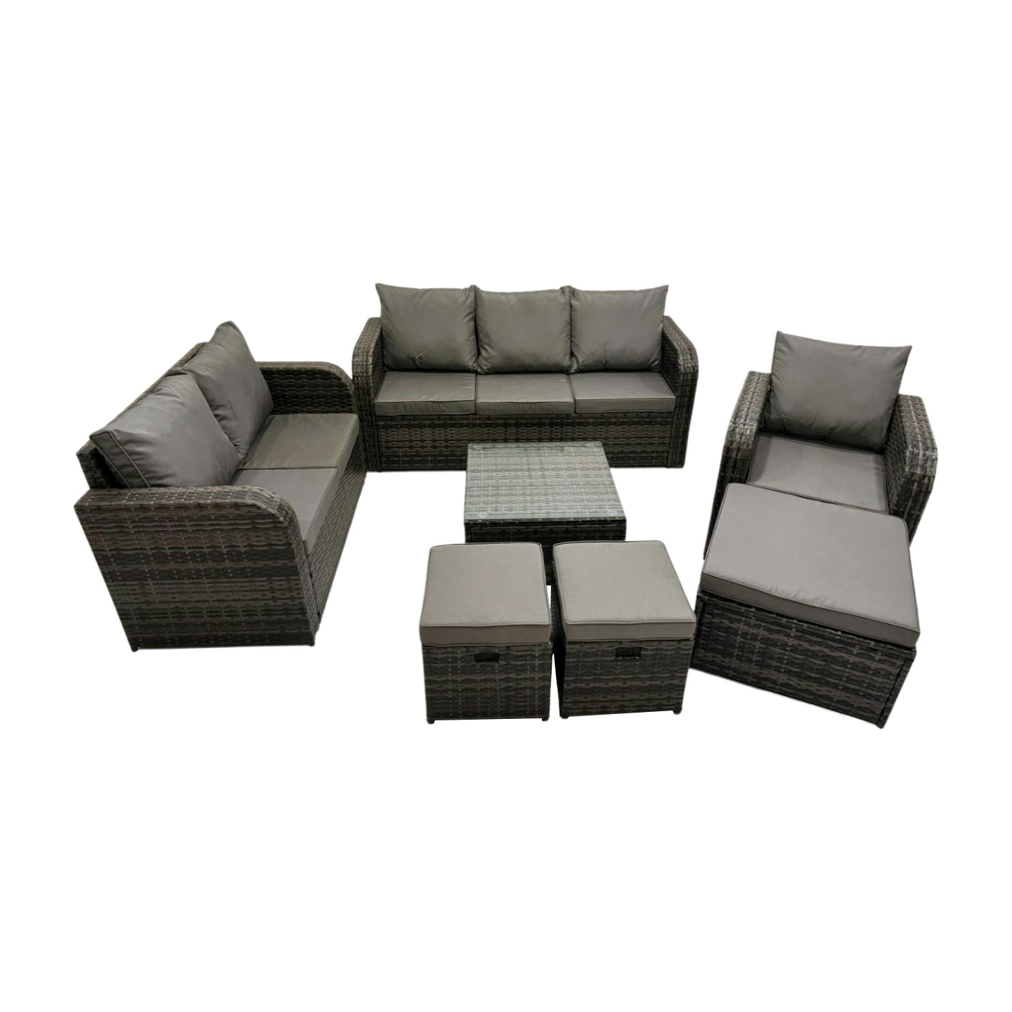 Fimous Dark/Grey 3 Seater Sofa Reclining Chair Coffee Table Set Rattan Garden Outdoor Furniture Set With 3 Stool Mixed