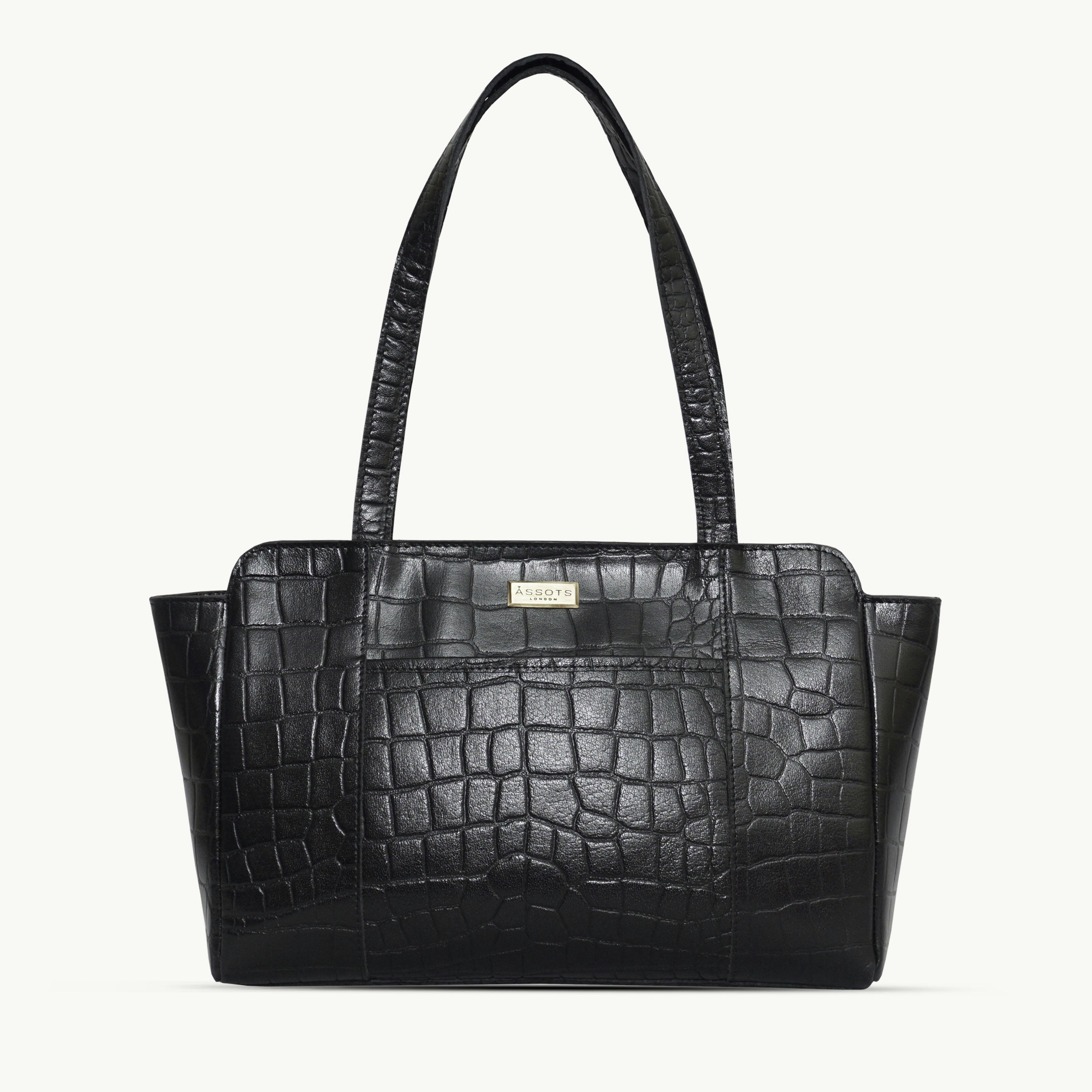 Assots London Black 'Judith' Croc Real Leather Shoulder Bag 40Cm