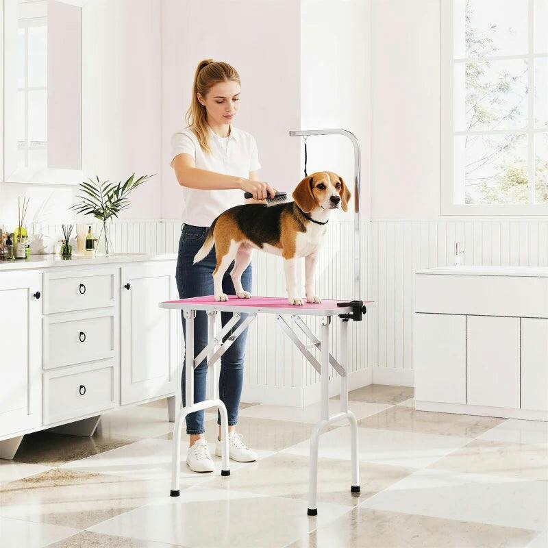 PAWHUT Foldable Dog Grooming Table Adjustable Arm for Small Dogs 81x49x80 cm in Pink - Image 2