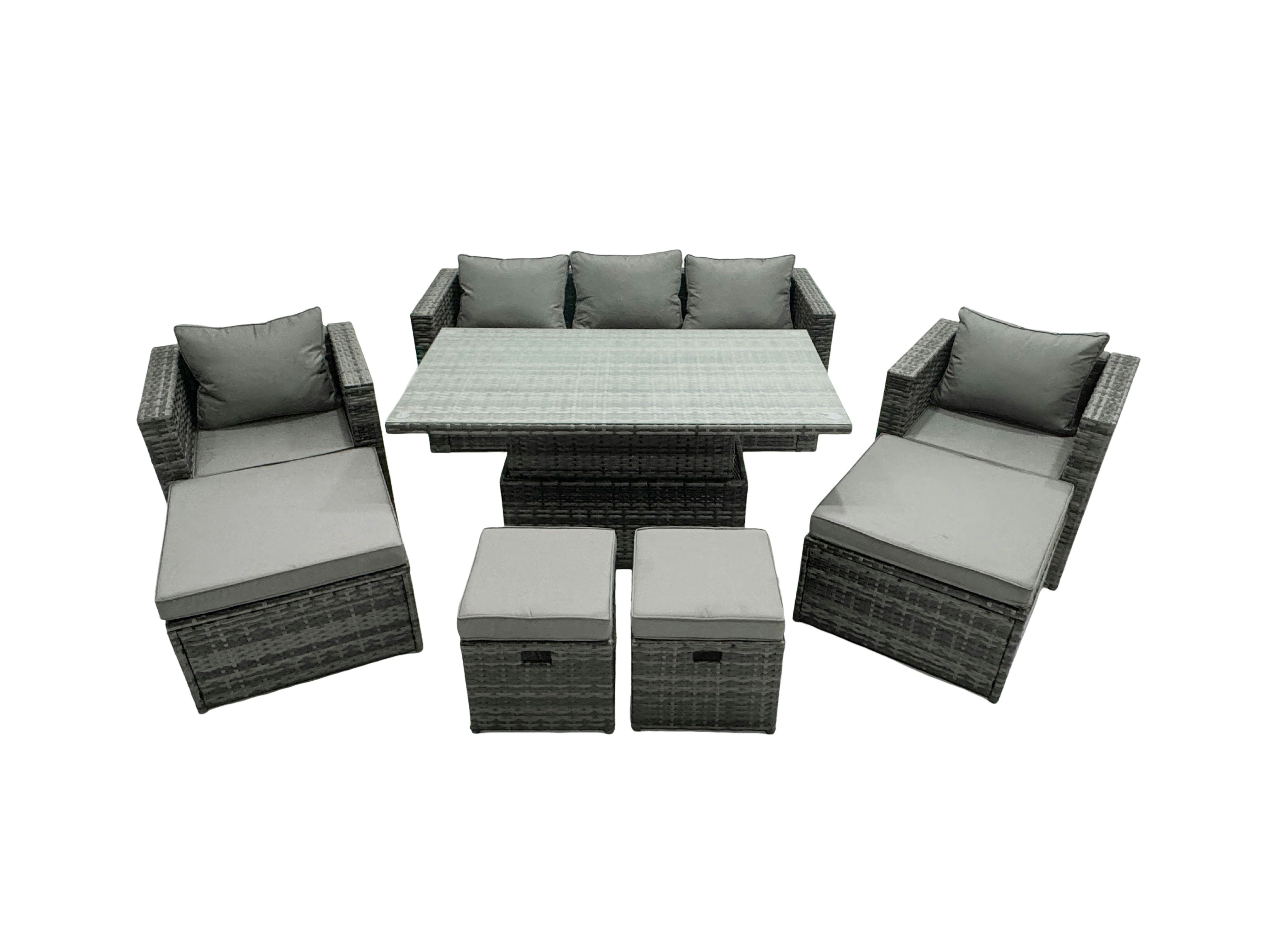 Fimous Dark/Grey Pe Rattan Garden Furniture Set Lounge Sofa Rising Dining Table Set With 4 Footstool Mixed