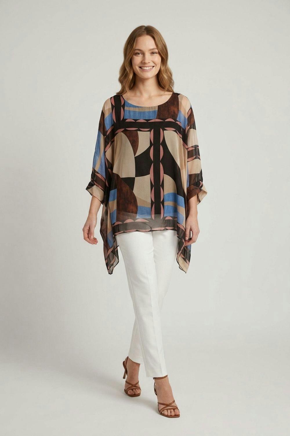 Izabel London Black Abstract 3/4 Sleeve Layered Tunic Blouse - S/M