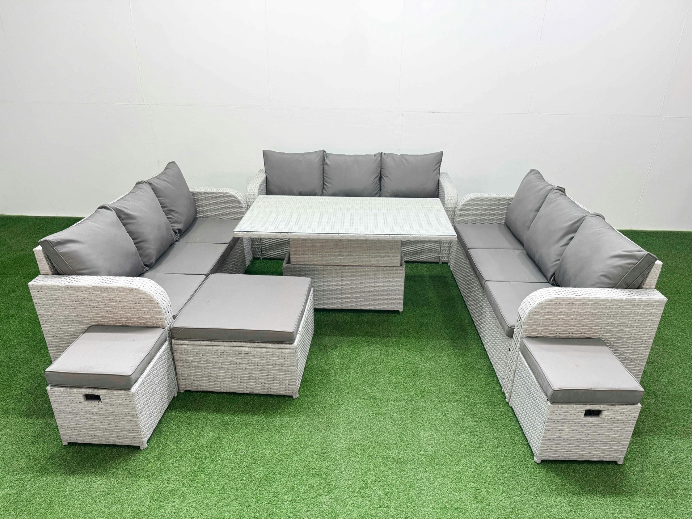 Rackhams Light/Grey 12 Seater Pe Rattan Outdoor Lounge Set - Adjustable Lifting Dining/Coffee Table, 3-Seater Sofa & 3 Stools