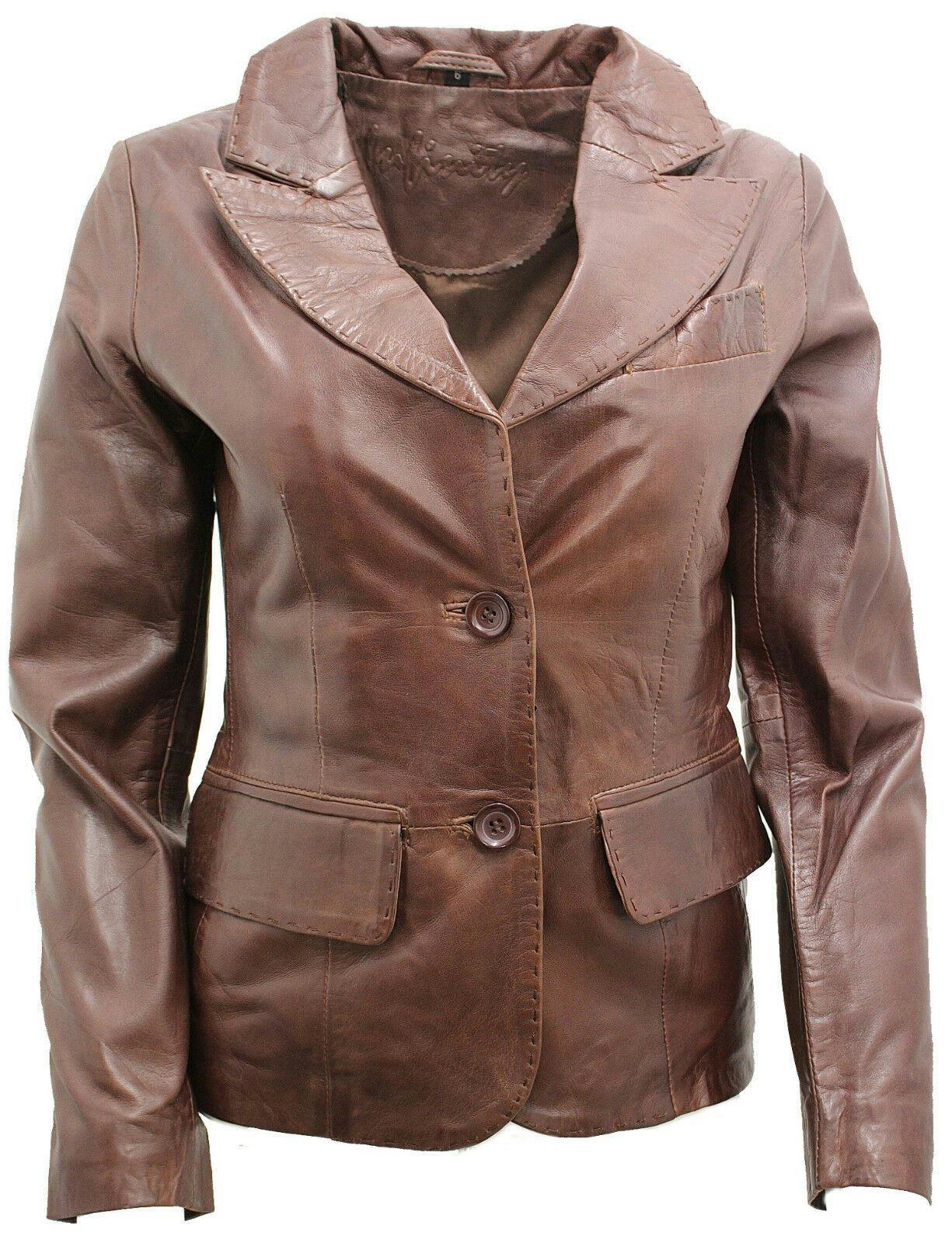 Infinity Leather Women's Brown 2 Button Leather Blazer Jacket-Newport - Uk L/14 | Eu 40 | Us 10