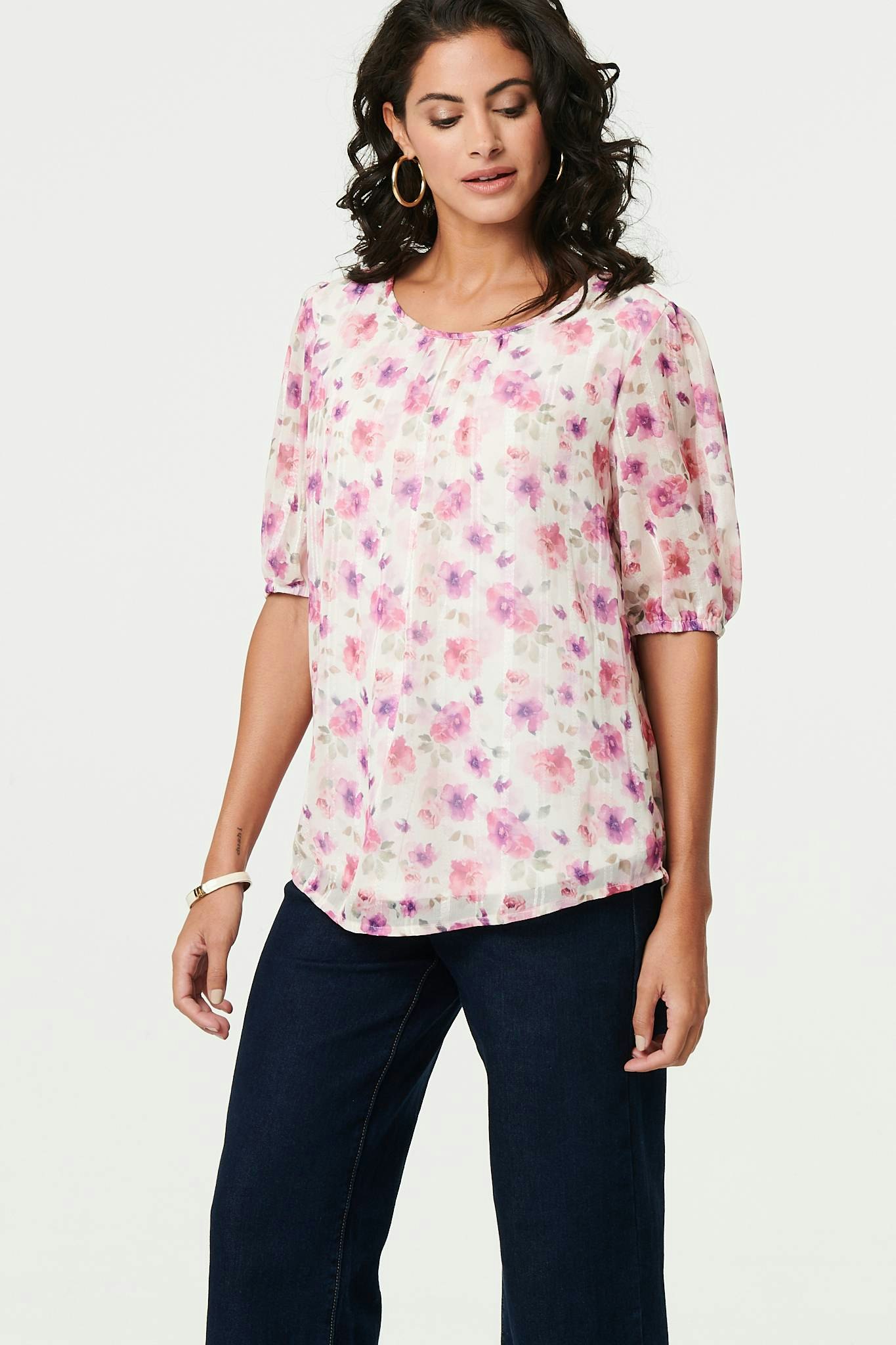Izabel London Pink Floral 1/2 Sleeve Semi Sheer Blouse - 10