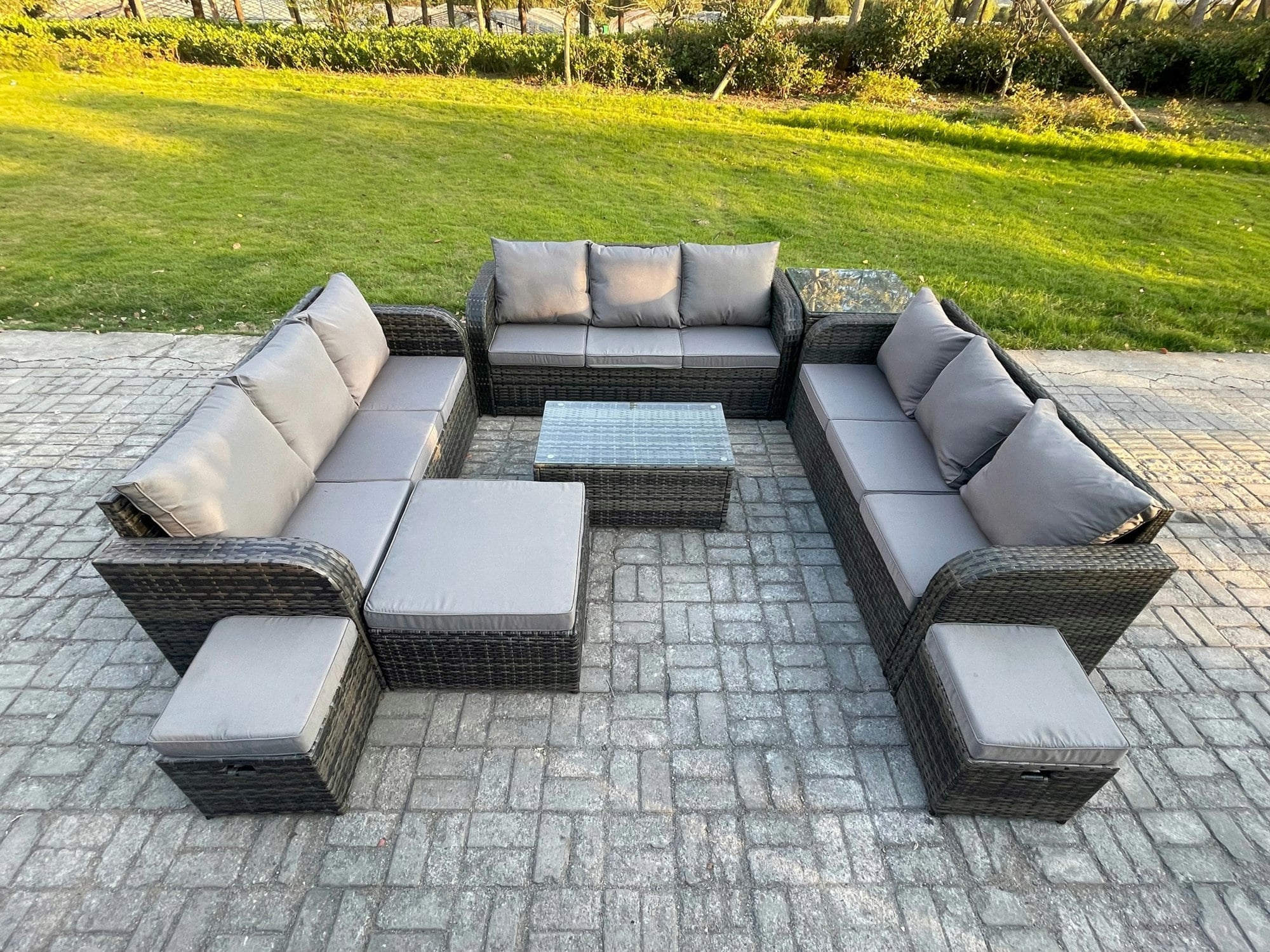 Fimous Dark/Grey 12 Seater Mixed Rattan Outdoor Lounge Set - Rectangular Coffee Table, 3-Seater Sofa, Side Table & 3 Footstools