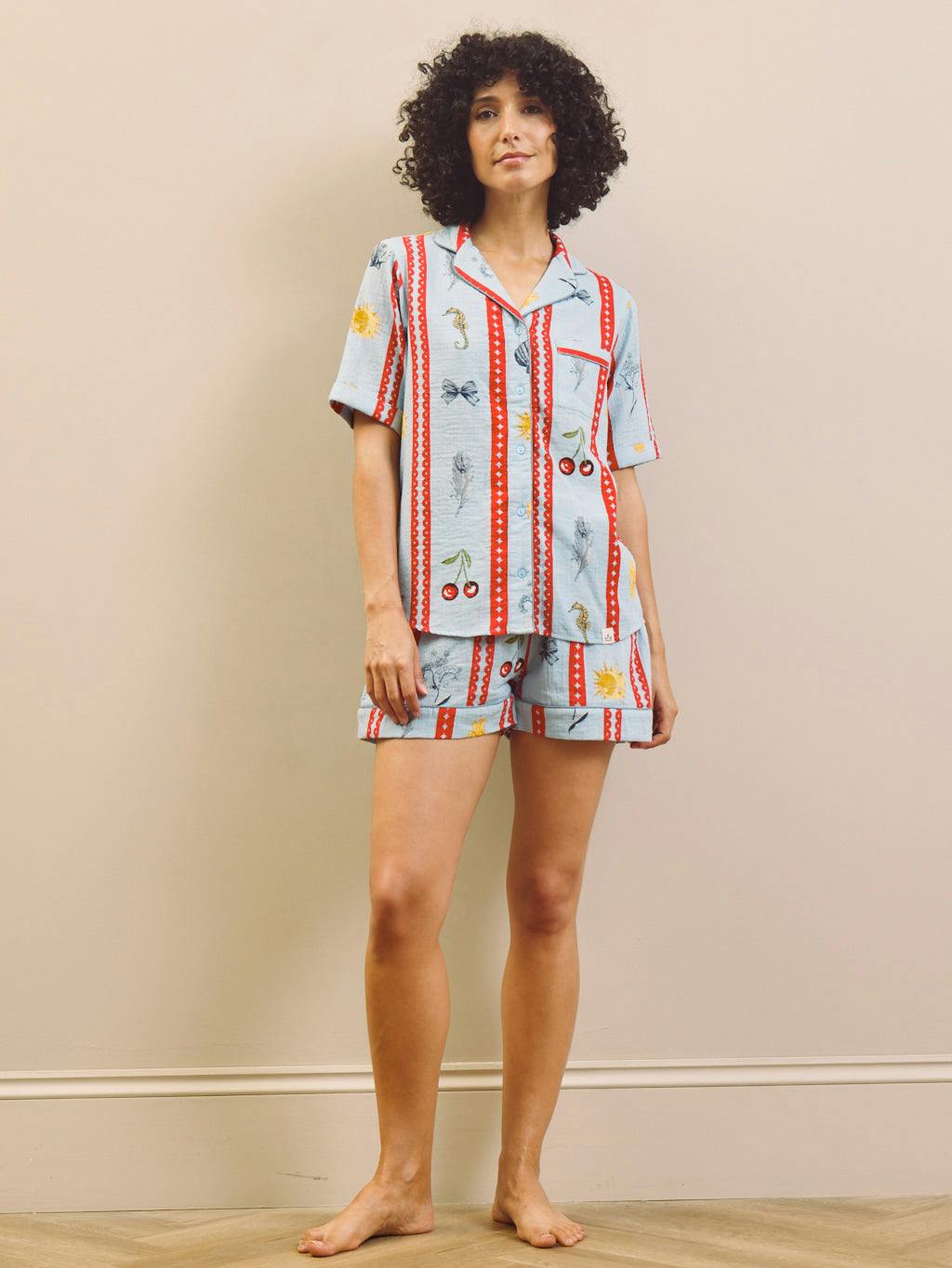 Their Nibs Blue Tidal Treasures Gauze Short Pyjama Set - 3XL / 22-24
