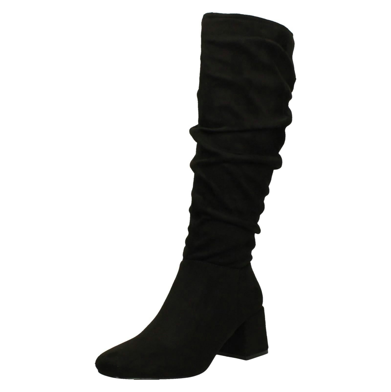 Spot On Women's Black Rouched Mid Block Heel Knee High Boots F51242 - Uk 7