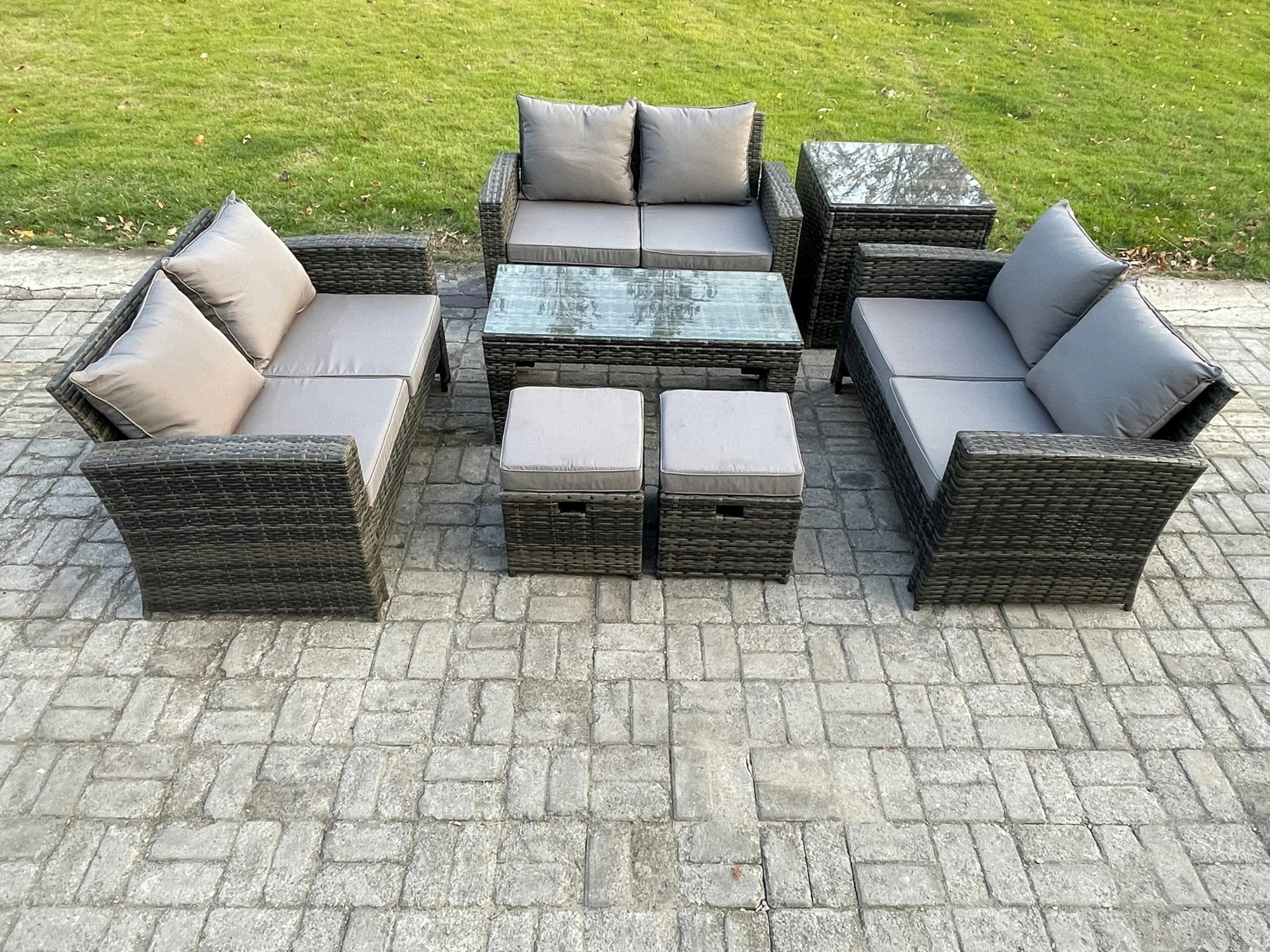 Fimous Dark/Grey 7-Piece Outdoor Lounge Sofa Set - Mixed Wicker Pe Rattan Garden Furniture With Coffee Table & 2 Small Footstools