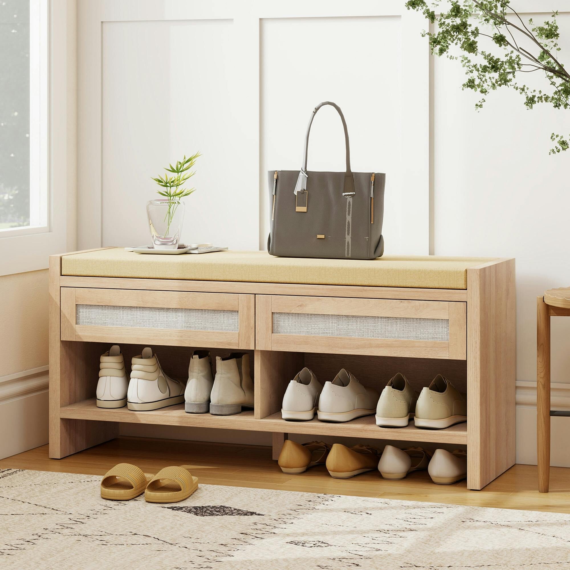 Homcom Cream Shoe Bench With 2 Rattan Drawers Cushion Oak Wood Effect