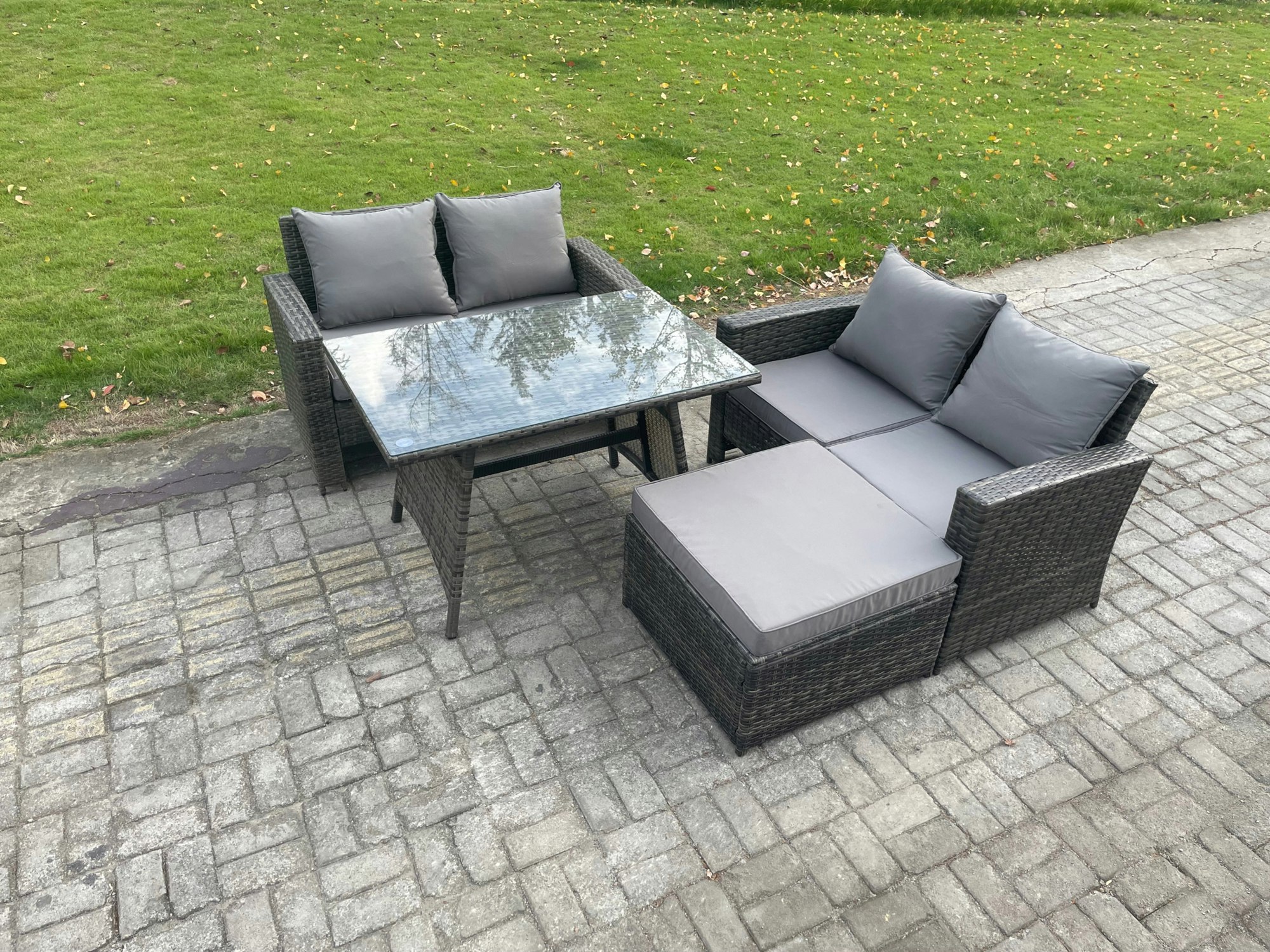 Fimous Dark/Grey Garden Furniture Sets 4 Pieces Wicker Rattan Furniture Manual Wicker Patio Sofa Patio Conversation Set With Big Footstool Mixed