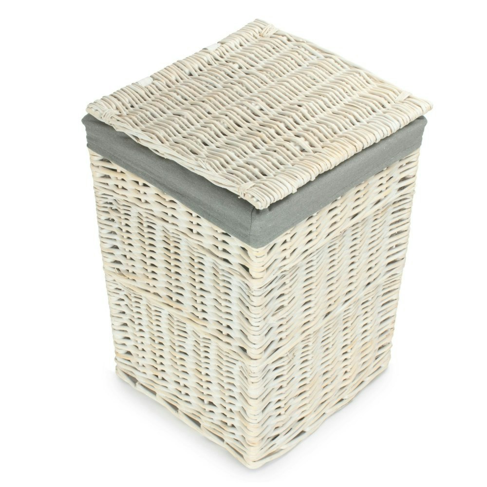 Rackhams White/Grey Large Square Wash Wicker Laundry Hamper With Sage Lining