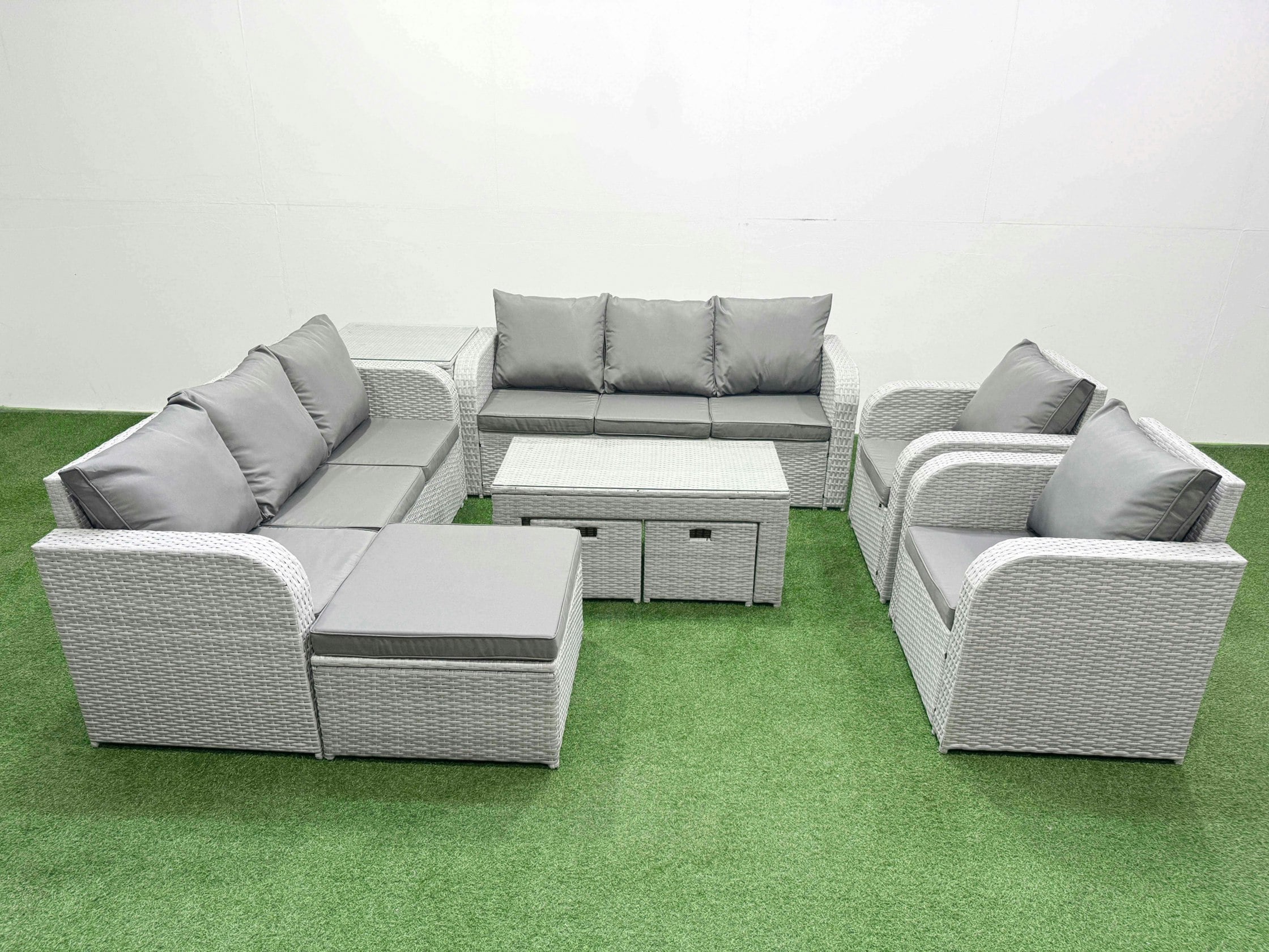 Fimous Light/Grey Pe Rattan High Back Lounge Sofa Set Patio Oblong Coffee Table & Chairs Set With 3 Seater Sofa Reclining Chair 3 Stools Side Table