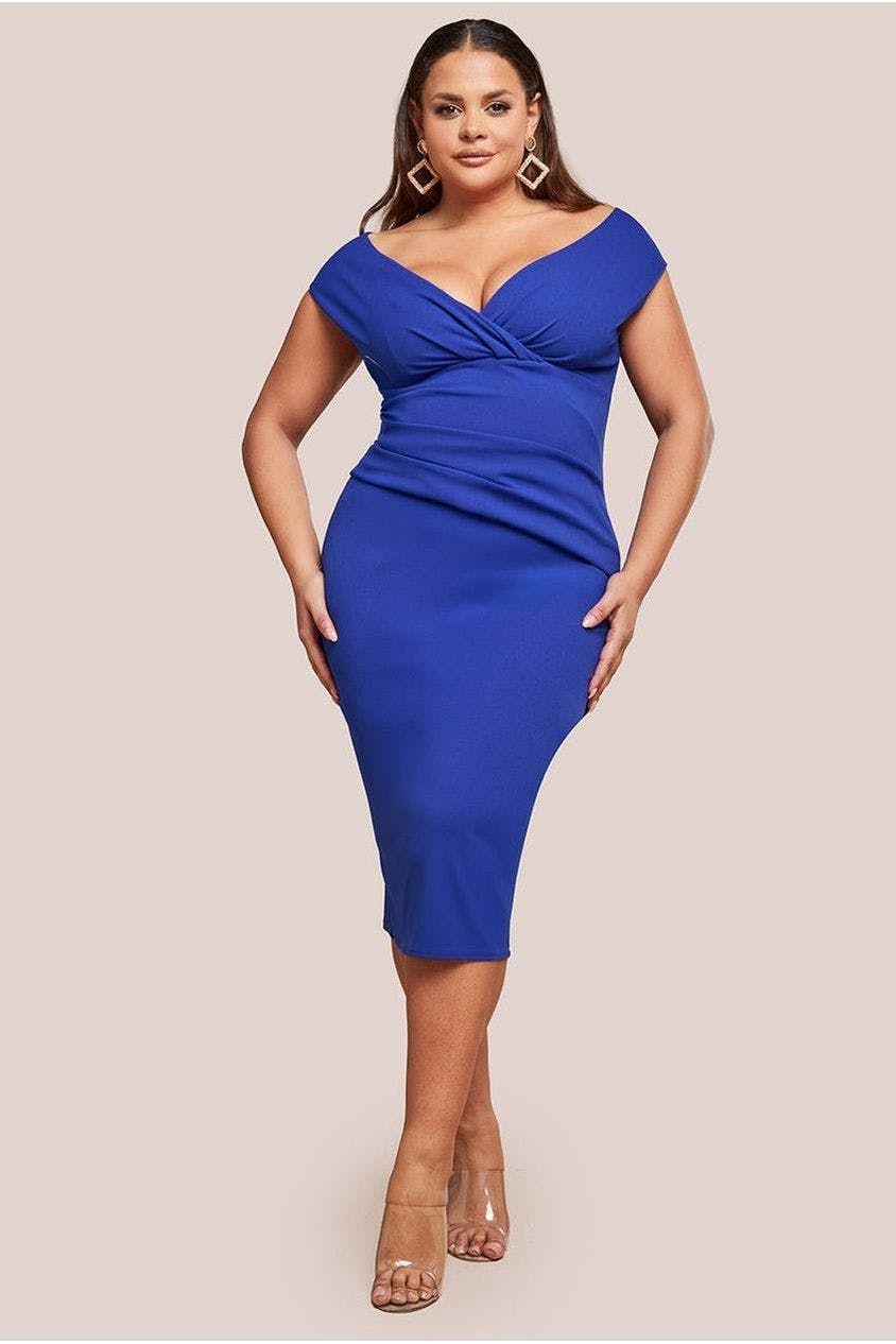 Goddiva Plus Blue Scuba Bardot Pleated Midi Dress - Royal By - Royal - 24