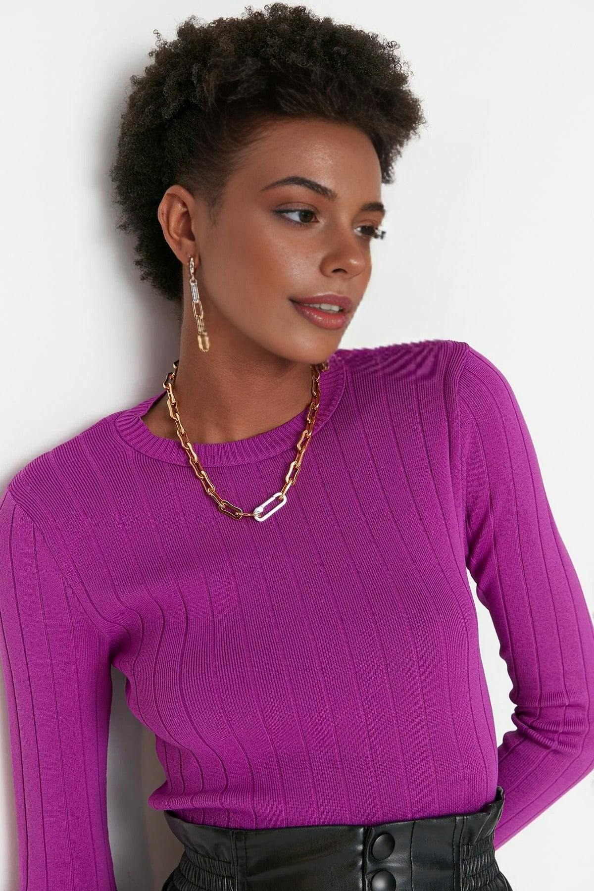Wovcor Purple Basic Crew Neck Knit Sweater - S