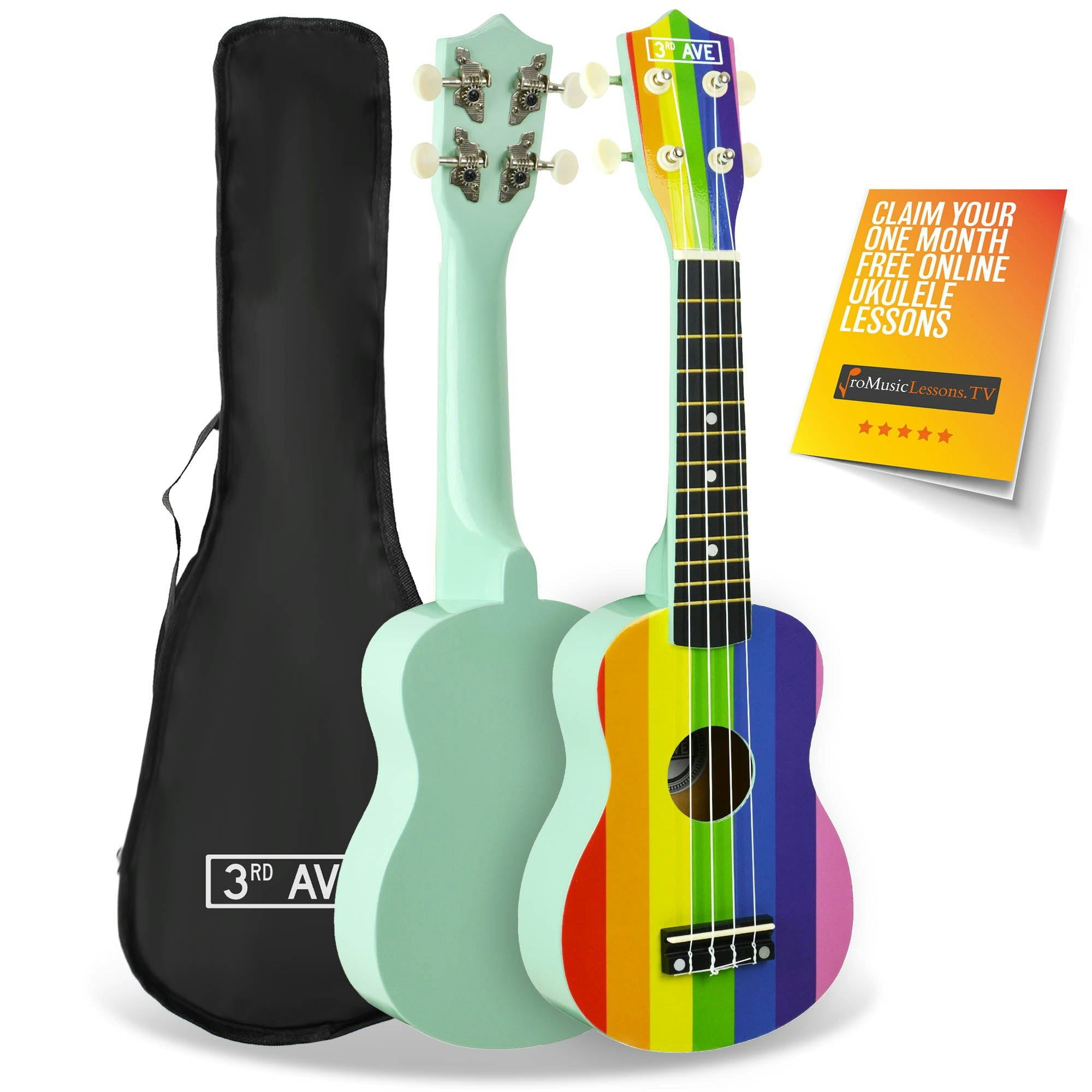3Rd Avenue White Soprano Ukulele With Bag - Rainbow