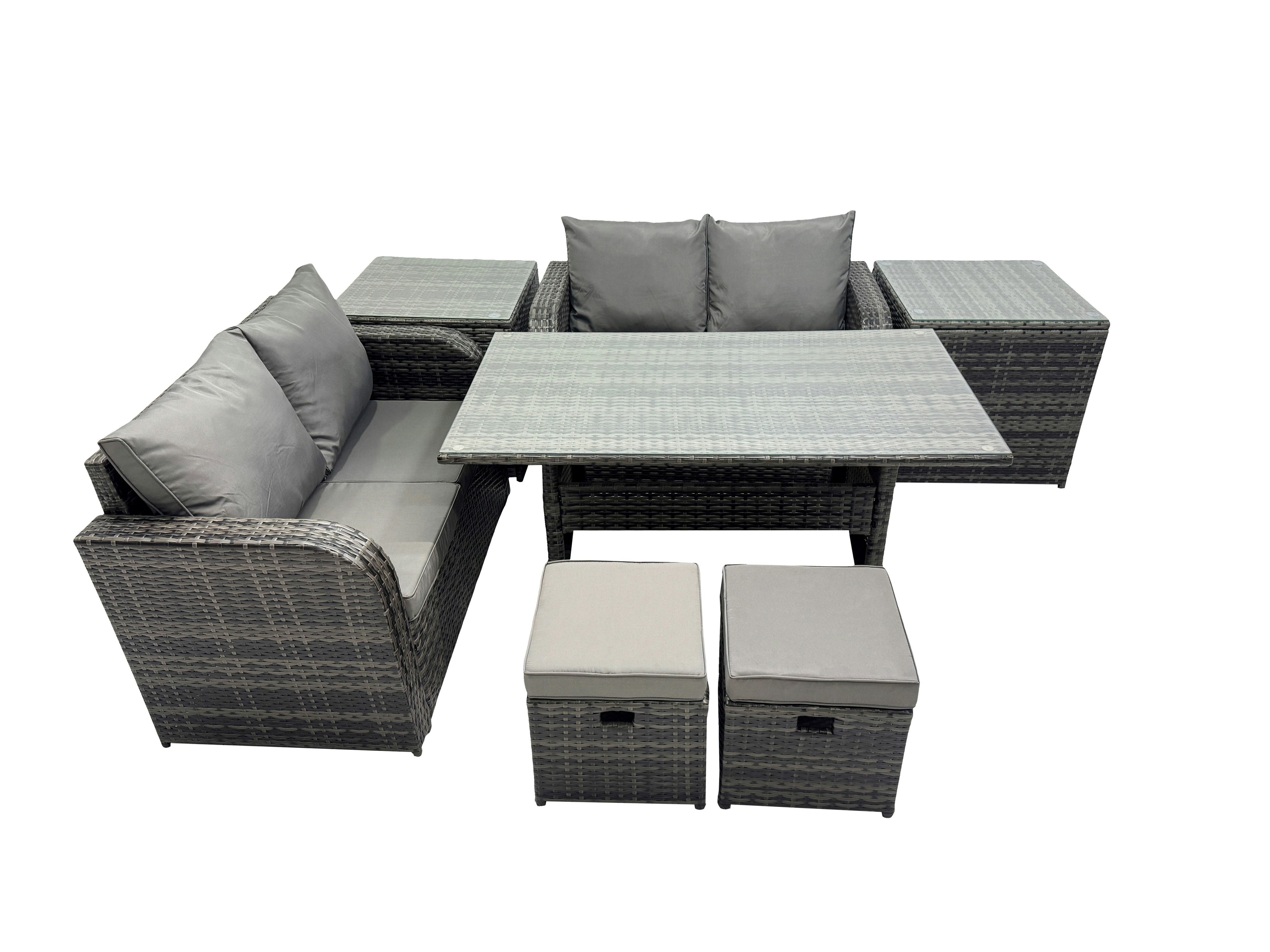 Fimous Dark/Grey Wicker Pe Rattan Garden Outdoor Furniture Set Love Sofa Dining Table Set With 2 Small Stools 2 Side Tables Mixed